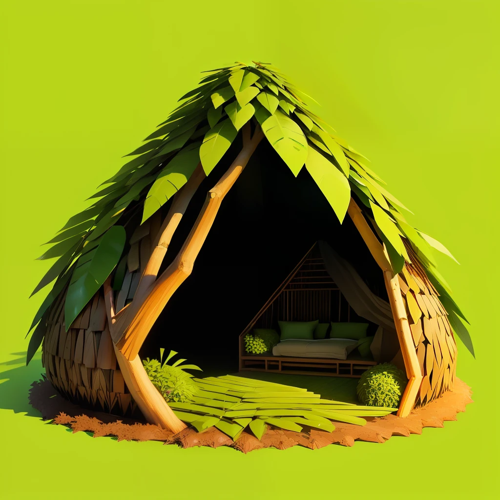 anthill hut made from small woods and leaves with 2 fresh looking opened coconut