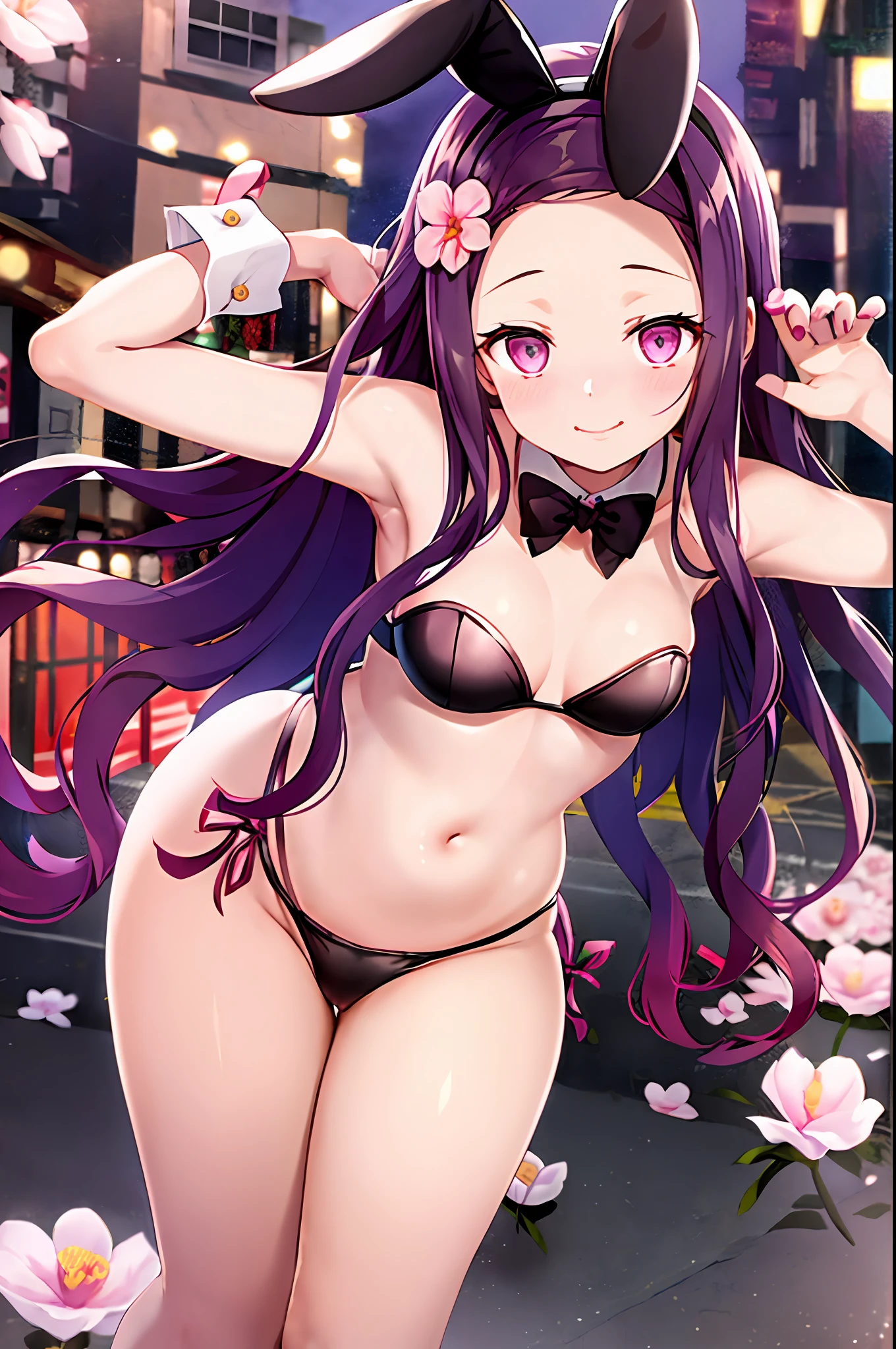 Kamado Nezuko, 1girl, closed mouth, smile, flower, long nails, looking at the viewer, petals, pink eyes, purple hair, ((masterpiece)), cat lingerie, embarrassed, surrounded by people, walking on the street in public, nsfw, ecchi style, hands behind head, showing belly, walking in school, playboy bunny, playboy rabbit