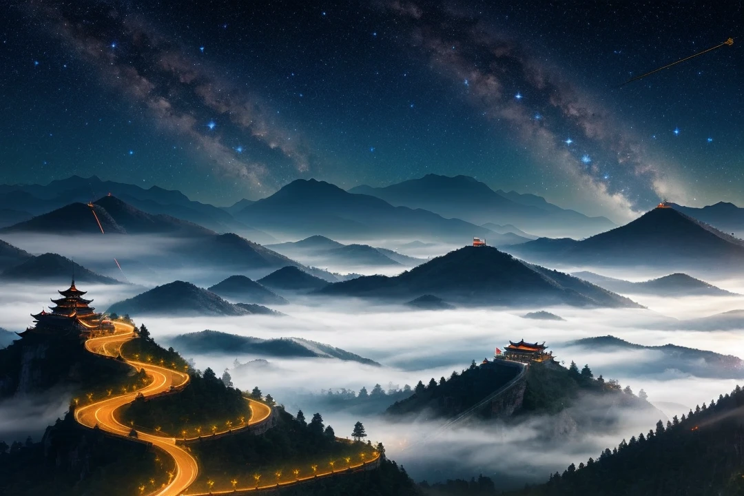 Night sky, galaxy, twinkling stars, fireflies, misty valleys, mountain top, two armies, valley, King Zhou Wu, golden armored gods, magic weapons, gatekeeper, red armor, axe, immortal crane, white wings, King Shang Zhou, dark-clothed soldiers, black horses, long spears, flags, city wall, flames, mysterious armor, jade crown, Xuan Tian Gan Ge, battlefield, beheading, heavenly net, earthly web, Huangdi, true fire, enemy flag, Chi You, spear, Shang Zhou's vital point.