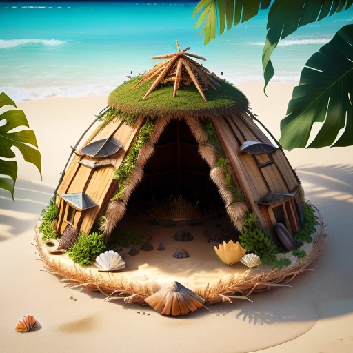 anthill hut on a beach,made from twigs, leaves, coconut, seashell, crab, fishbone