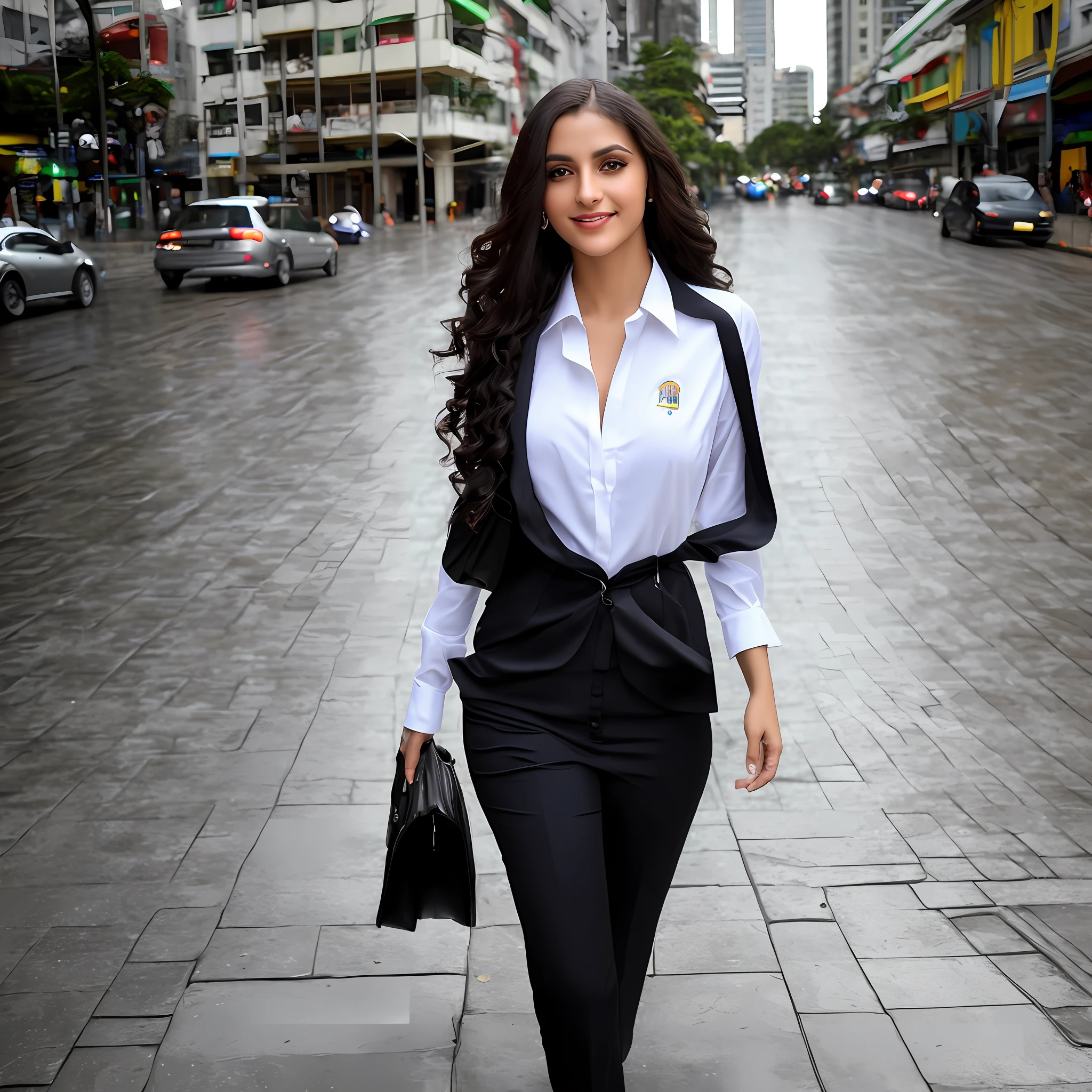 (8k, RAW photo, best quality, masterpiece: 1.2), (realistic, photorealistic: 1.37), 1 beautiful Brazilian woman in suit standing on the sidewalk, urban landscape, many shops around, downtown Rio de Janeiro, cars on the street, VLT rails, day, sunny morning, wet floor, professional lighting, photon mapping, radiosity, Brazilian Woman, shirt, woman in suit.