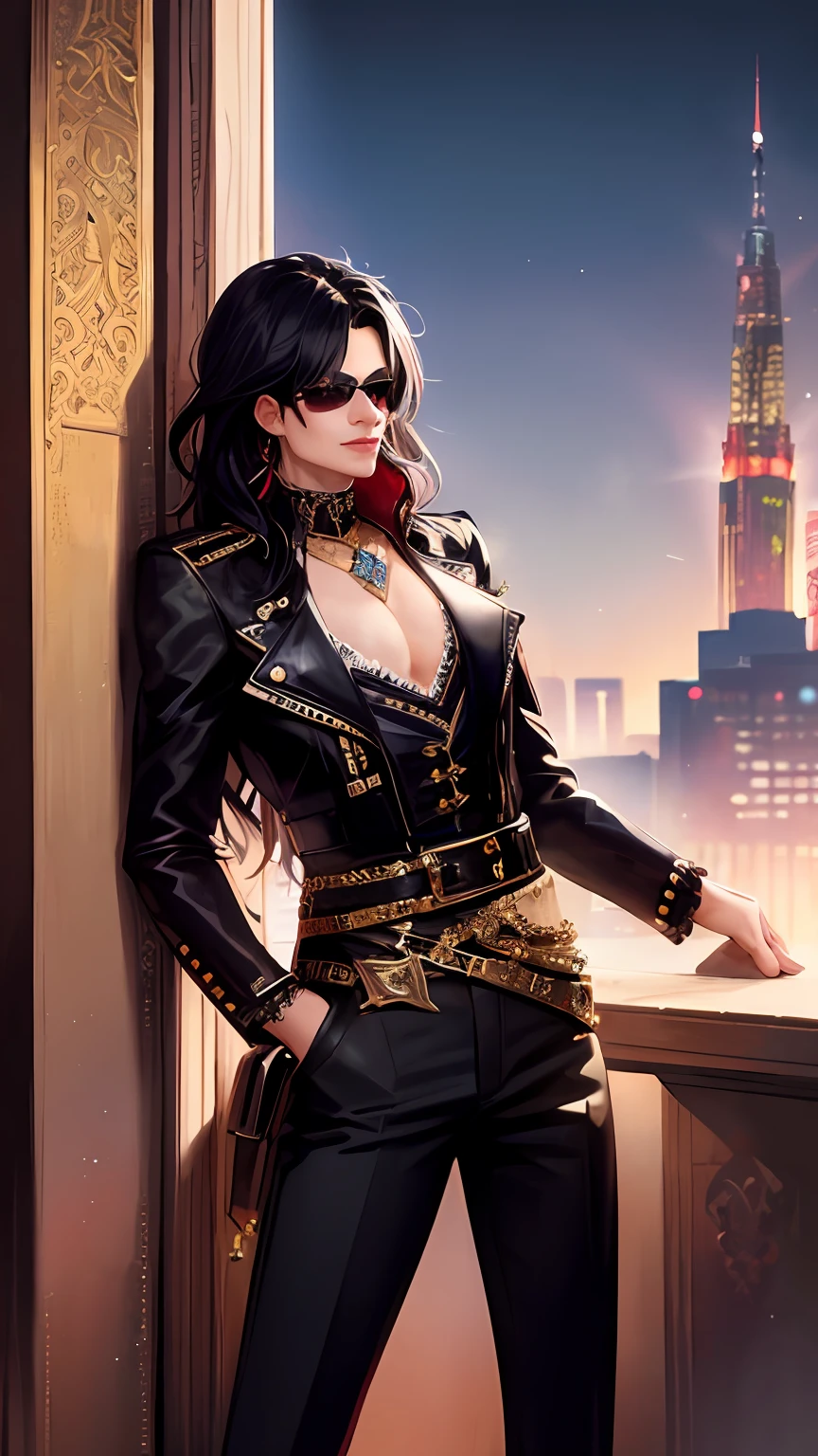 cyberpunk style, Michael Jackson with 18th century masterpiece clothes, magnificent art, intricate details, cinematic, best quality, old west ghost town background, full moon night, -
