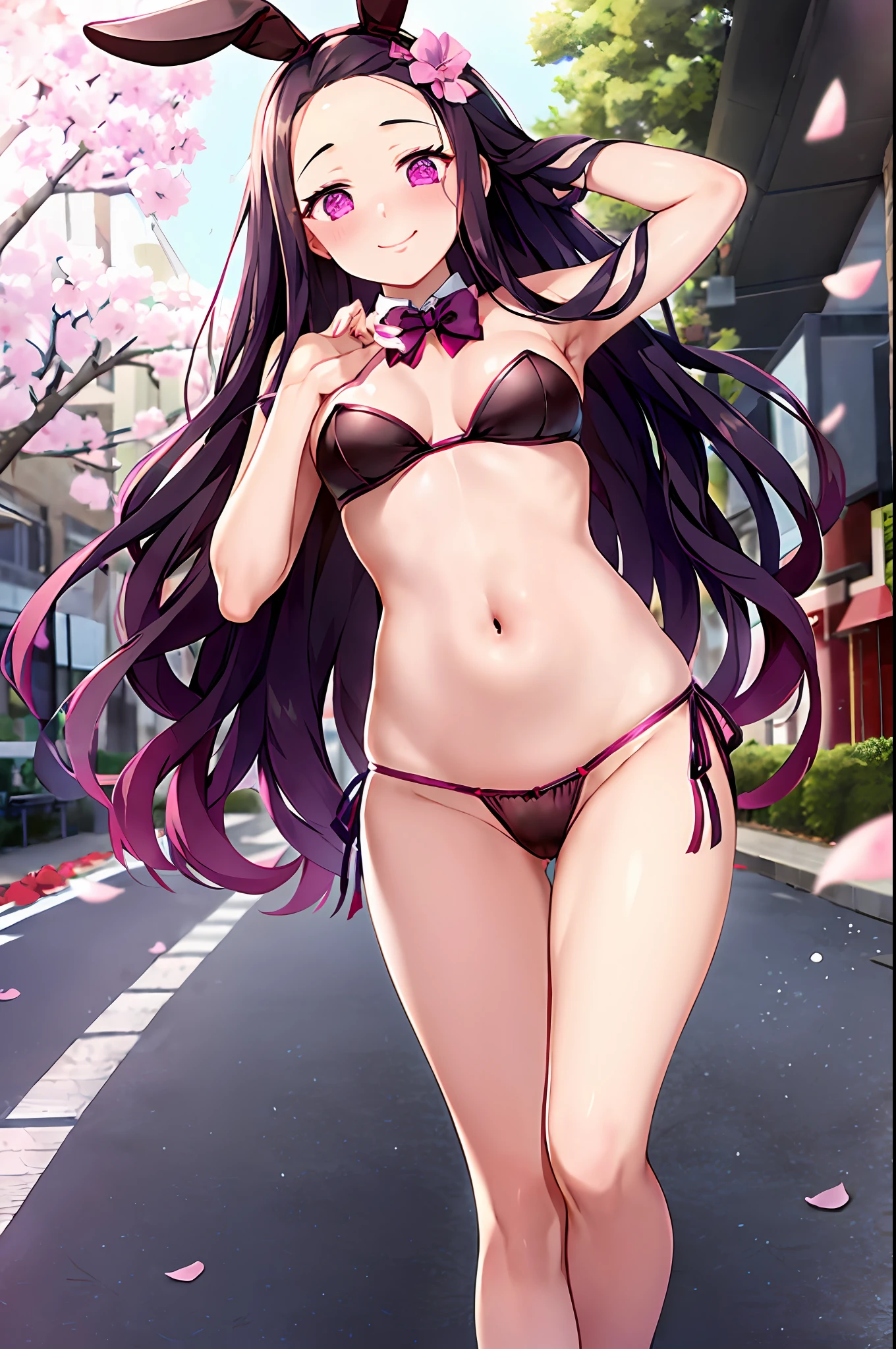 Kamado Nezuko, 1girl, closed mouth, smile, flower, long nails, looking at the viewer, petals, pink eyes, purple hair, ((masterpiece)), cat lingerie, embarrassed, surrounded by people, walking on the street in public, nsfw, ecchi style, hands behind head, showing the, walking in school, playboy bunny, playboy rabbit