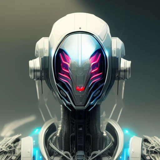 1 robot, organic, glowing eyes, cyberhelmet, long hair, white plastic, diffuse lighting, fantasy, intricate, elegant, highly detailed, lifelike, photorealistic, digital painting, artstation, illustration, concept art, smooth, sharp focus, art by John Collier and Albert Aublet and Krenz Cushart and Artem Demura, upper body, EbonyGoldAI