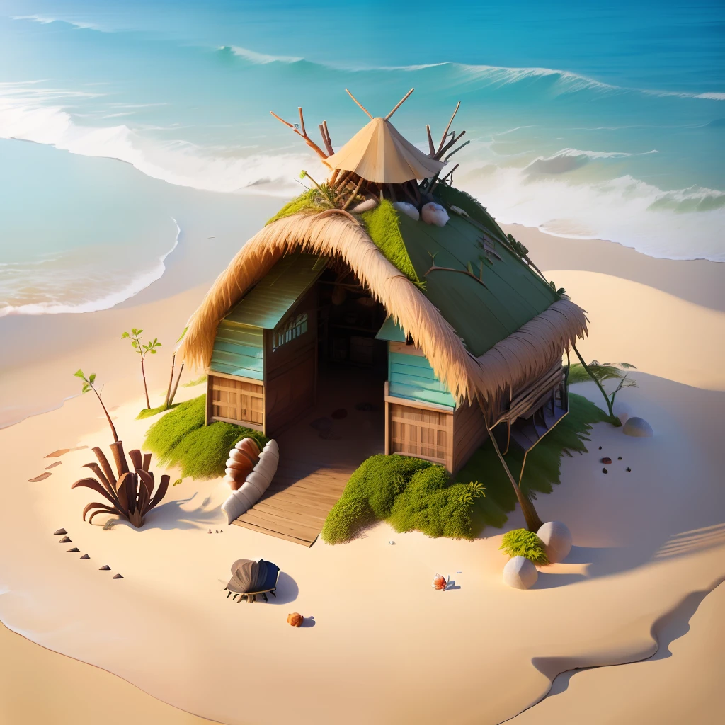 anthill hut on a beach,made from twigs, leaves, coconut, seashell, crab, fishbone