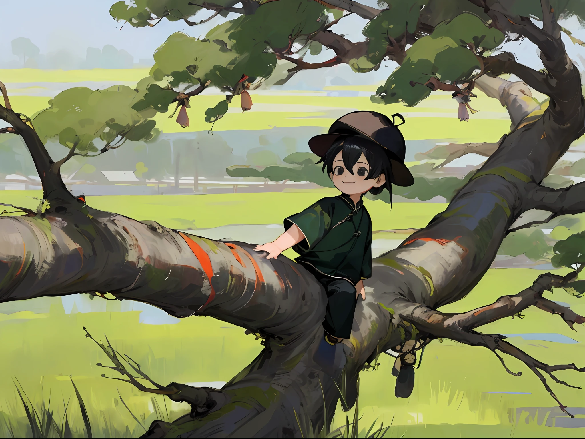 8k, masterpiece, high quality, boy, black hair and black eyes, oil painting, Q version, green short sleeves, Chinese children's clothing, tree, grass, wearing hat, catching cicadas, happy expression, leaning over