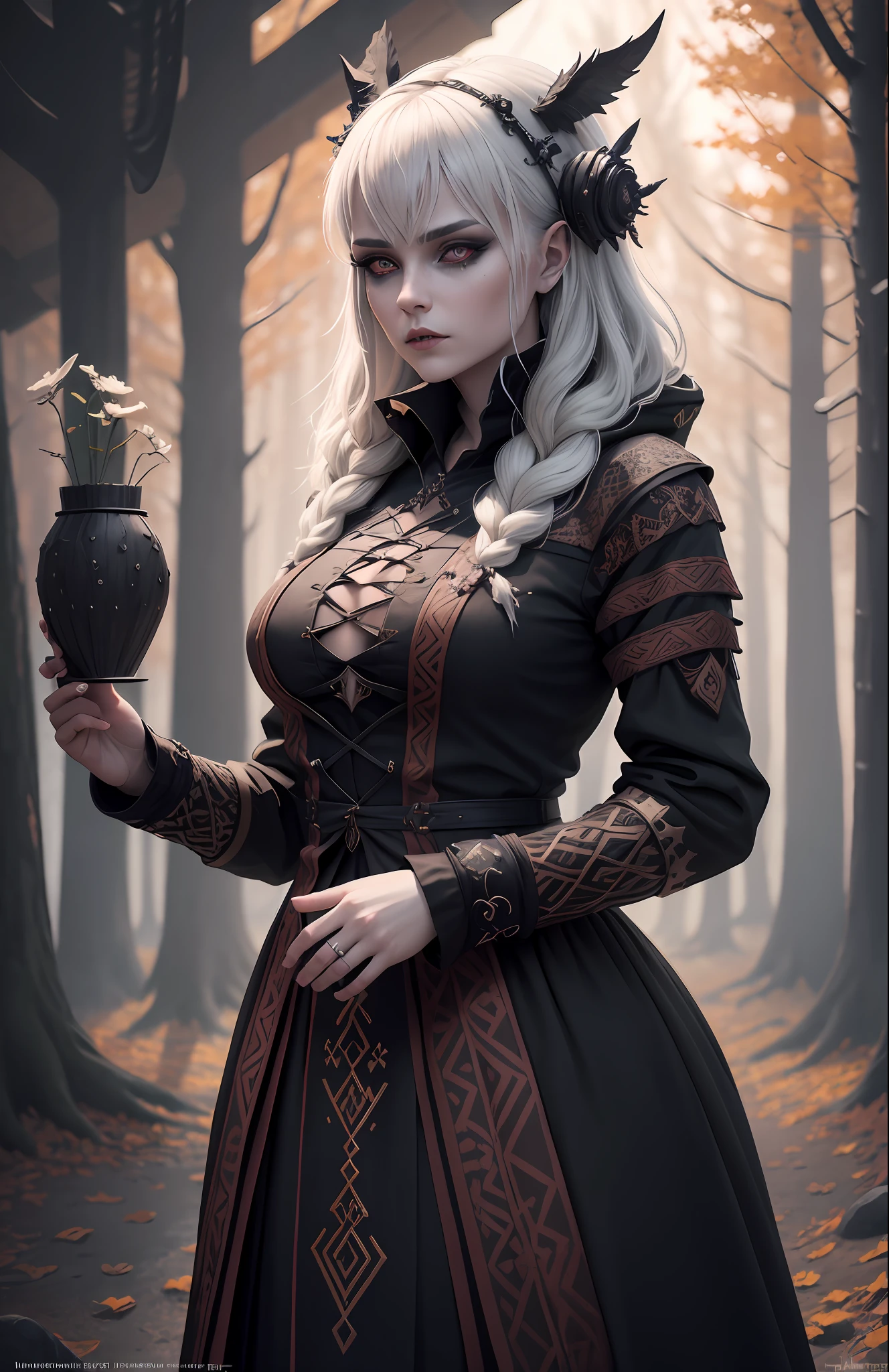 female introvert wearnng ancient pagan Karelian and Finnish clothes mixed with nu-goth. Lunarpunk aesthetic, autumn, dark fanasy, witchcore, Kalevala, folklore. Druid Louhi, Mistress of the North. 4k, dynamic light, professional, high resolution, Global Illumination