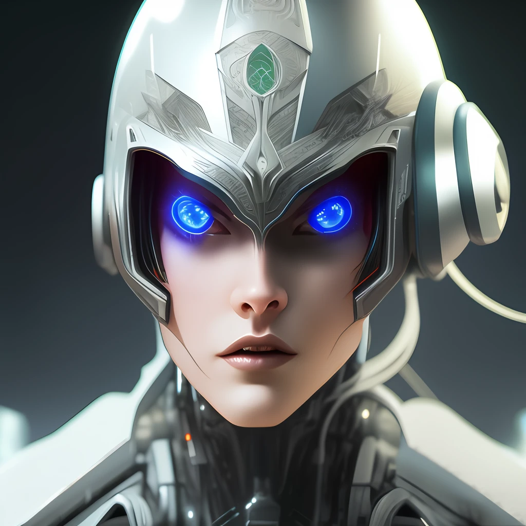1 robot, organic, glowing eyes, cyberhelmet, long hair, white plastic, diffuse lighting, fantasy, intricate, elegant, highly detailed, lifelike, photorealistic, digital painting, artstation, illustration, concept art, smooth, sharp focus, art by John Collier and Albert Aublet and Krenz Cushart and Artem Demura, upper body, EbonyGoldAI