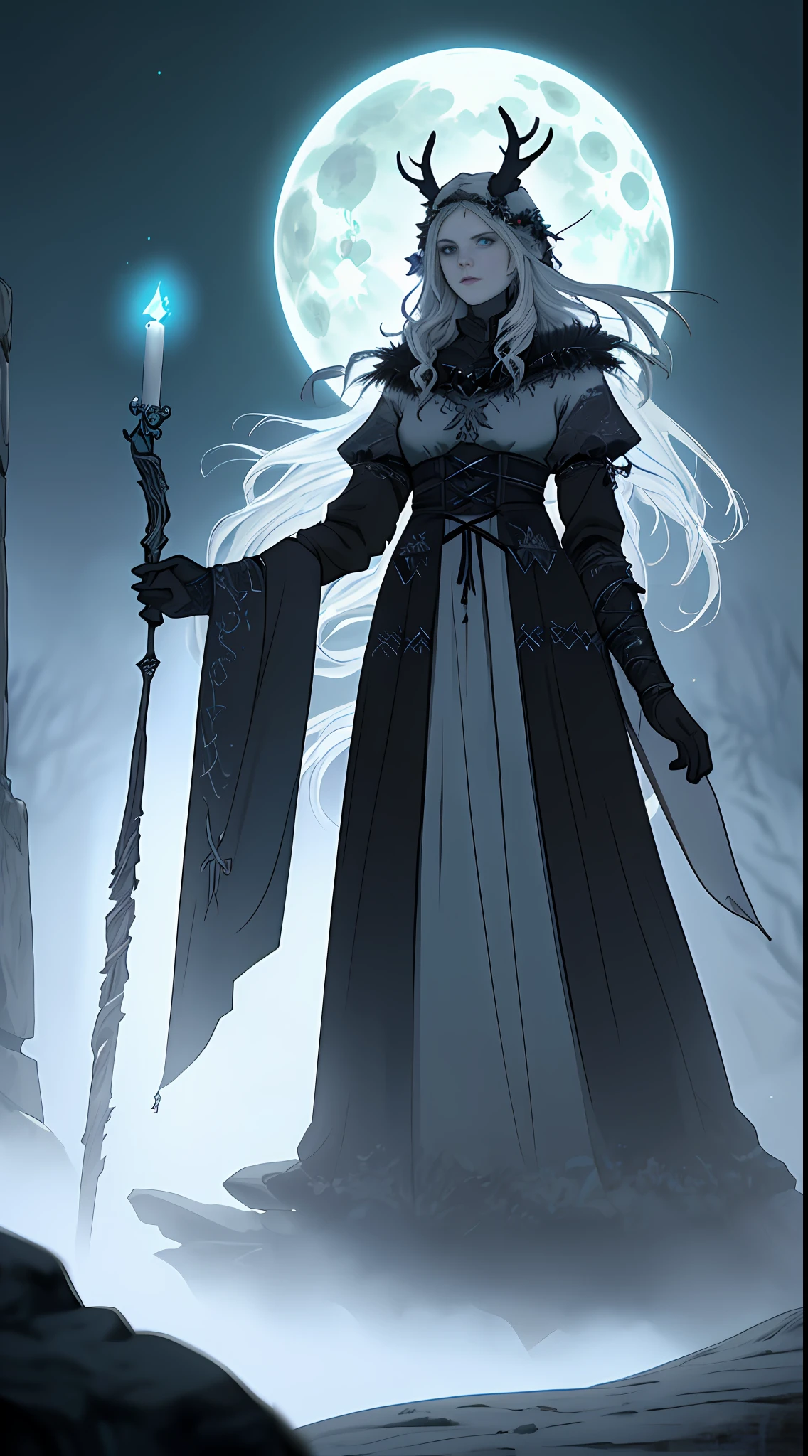 solo depressed lone woman wearnng ancient pagan Karelian and Finnish clothes mixed with lunarpunk aesthetic and nu-goth. dark fanasy, witchcore, Kalevala, folklore. Druid Louhi, Mistress of the North. 4k, dynamic light, professional, high resolution, Global Illumination