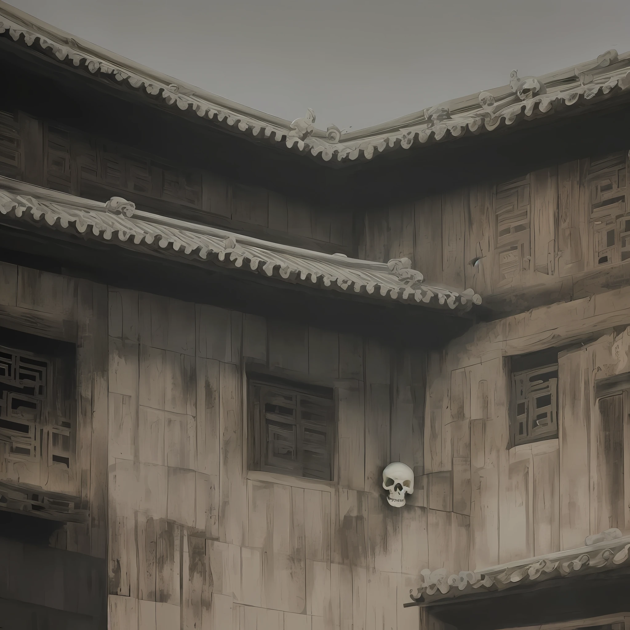 Skull scolded in the eaves of the wall at night, Chinese painting