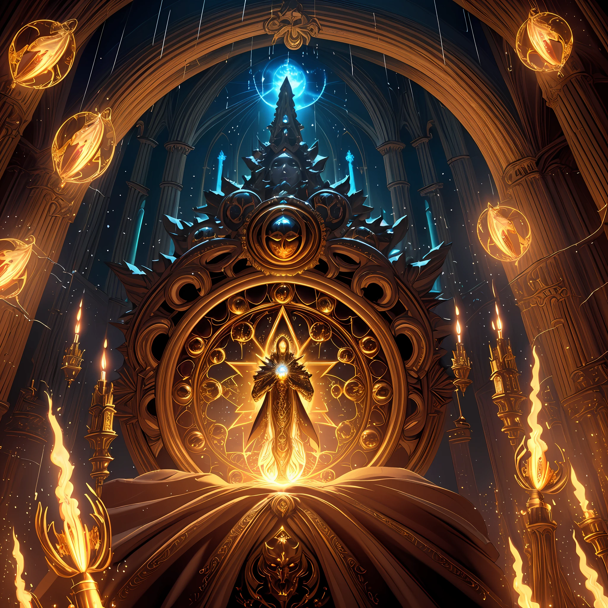 android mechanical lich:unholy celestial aura, (subject above a gothic cathedral)=1.5, robot wings,earnst haeckel, james jean. generative art, baroque, intricate patterns, fractalism, movie still, photorealistic, intricate, elegant, highly detailed, artstation, smooth, sharp focus, illustration, outrun, vaporware,epic wide angle shot, (monsters trapped in orbs of pure unholy celestial aura), angle from above, (Golden Death Mask) = 1.8, cinematic lighting, (unholy fire raining in the background lighting the scene) = 1.0, Yawning:Blank Stare, {Masterpiece}