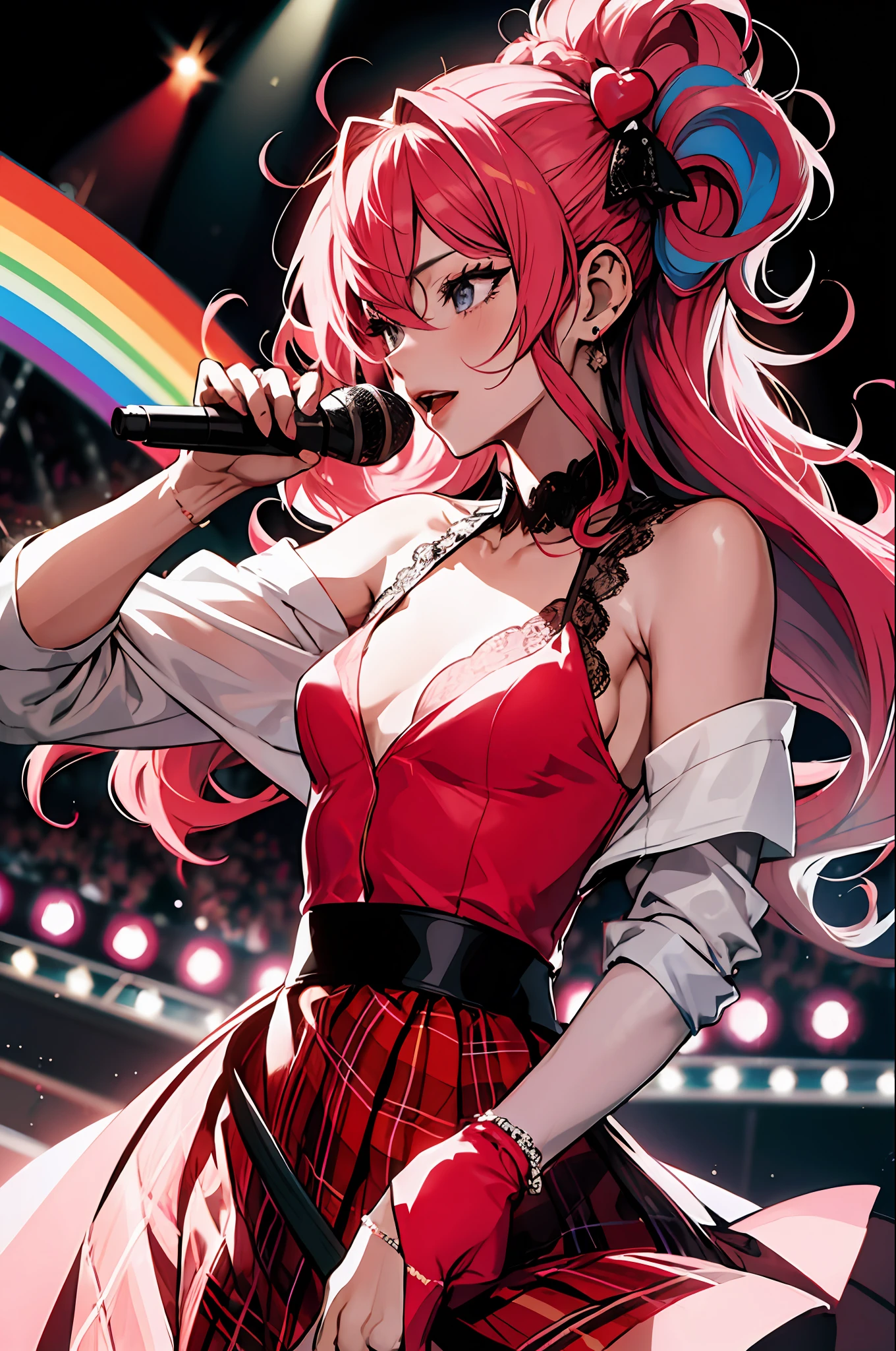 masterpiece, dynamic,shout, kiss, hustle, striking eyes, confident lol, overhead view, high resolution, profoto, stage, flash, 1girl, solo, Japanese manga idol singer, pink camisole with bare shoulders, upper body, long curly hair,song suit, pompadour skirt, slim and beautiful vest, lace shirt, Bubble sleeves, sequin, bow, plaid, rainbow hair, Headphones, Long Hair, standing microphone,