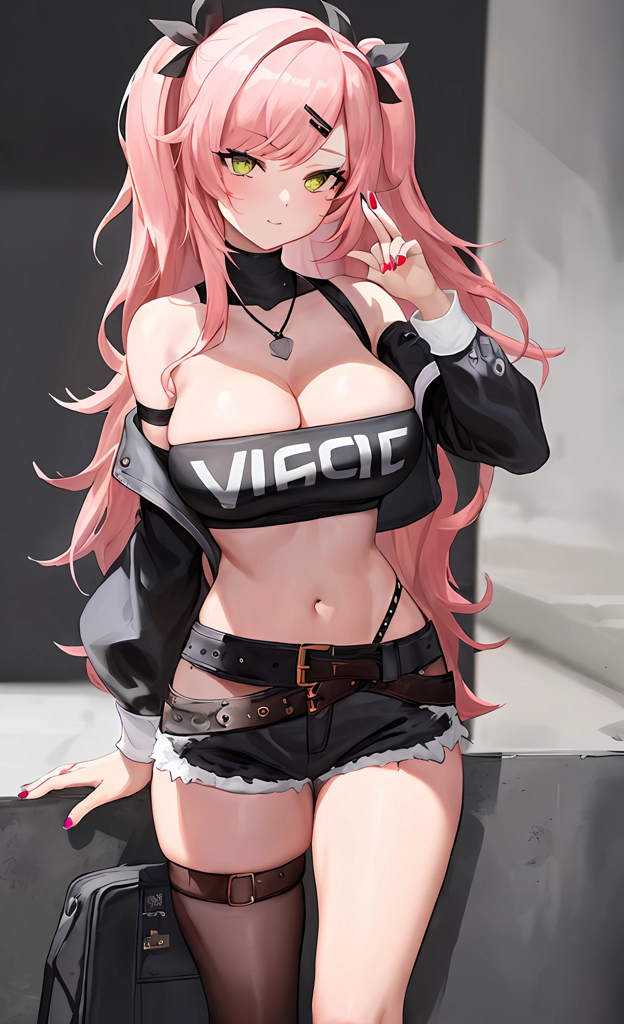 (masterpiece:1.4,_best_quality), masterpiece_illustration, simple_background, sharp_focus, beautiful_detailed_eyes, beautiful_detailed_eyelashes, 1girl, solo, green_eyes, pink_hair, long_hair, very_long_hair, ((twintails)), bangs, hair_ornament, hairclip, breasts, huge_breasts, cleavage, crop_top, detached_sleeves, multi_colored_nails, nail_art, nail_polish, navel, short_shorts, shorts, stuffed_animal, stuffed_toy, thigh_strap, thighhighs, thighs, belt, bare_shoulders, nicoledemarazzz