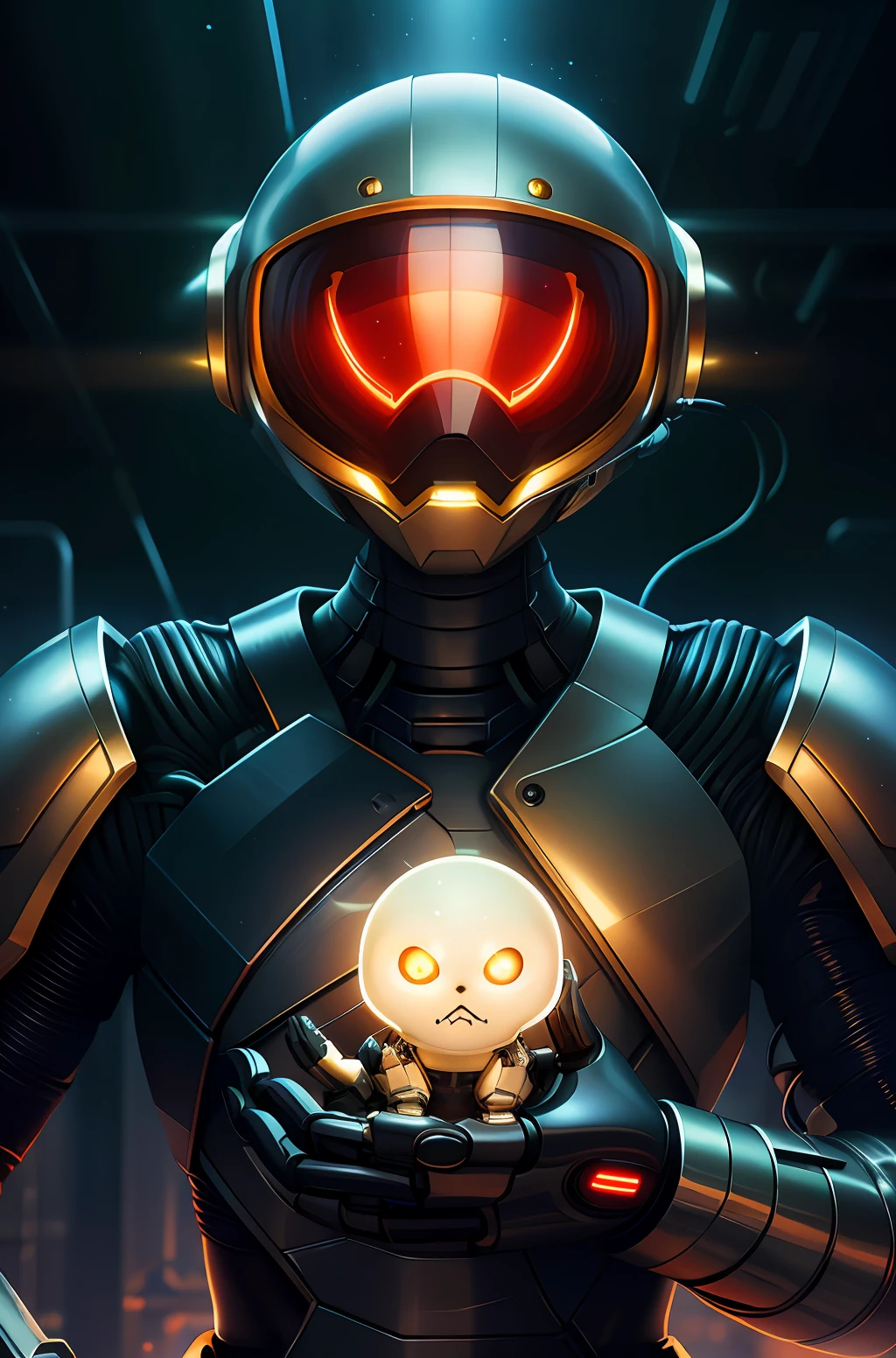 1 robot, organic, glowing eyes, cyberhelmet, long hair, white plastic, diffuse lighting, fantasy, intricate, elegant, highly detailed, lifelike, photorealistic, digital painting, artstation, illustration, concept art, smooth, sharp focus, art by John Collier and Albert Aublet and Krenz Cushart and Artem Demura, upper body, EbonyGoldAI