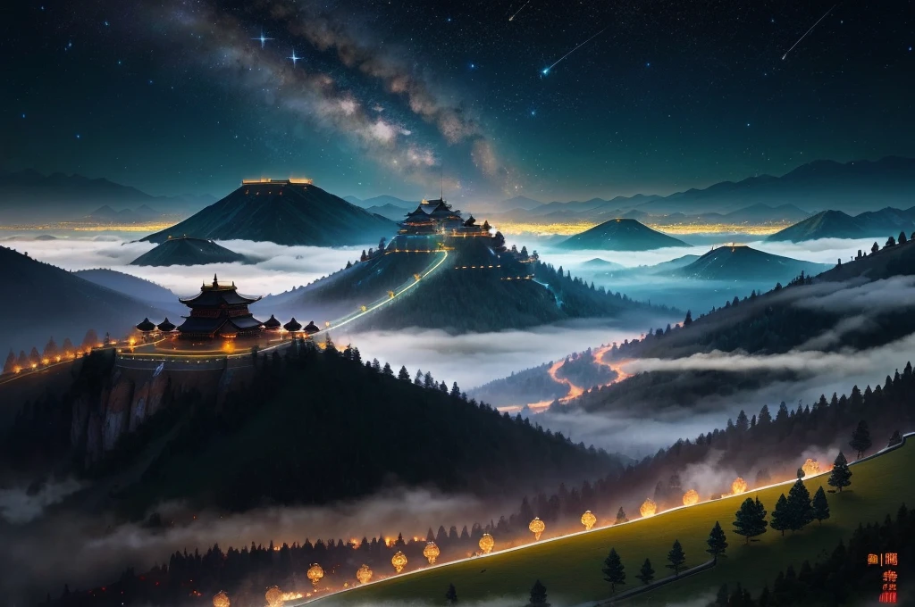 Night sky, galaxy, twinkling stars, fireflies, misty valleys, mountain top, two armies, valley, King Zhou Wu, golden armored gods, magic weapons, gatekeeper, red armor, axe, immortal crane, white wings, King Shang Zhou, dark-clothed soldiers, black horses, long spears, flags, city wall, flames, mysterious armor, jade crown, Xuan Tian Gan Ge, battlefield, beheading, heavenly net, earthly web, Huangdi, true fire, enemy flag, Chi You, spear, Shang Zhou's vital point.