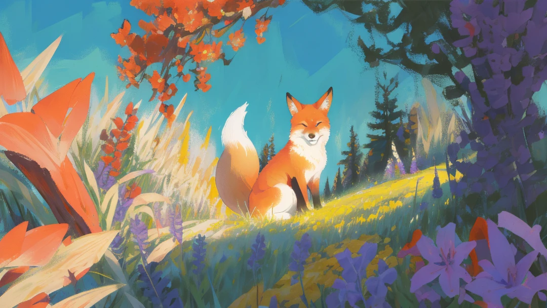 fox curled up on a hill of wild flowers