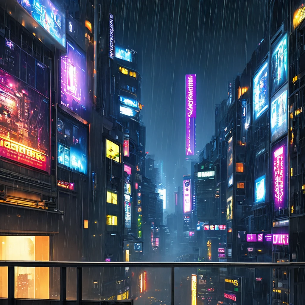 view from a balcony in a cyberpunk city surrounded by cyberpunk buildings, night, rain