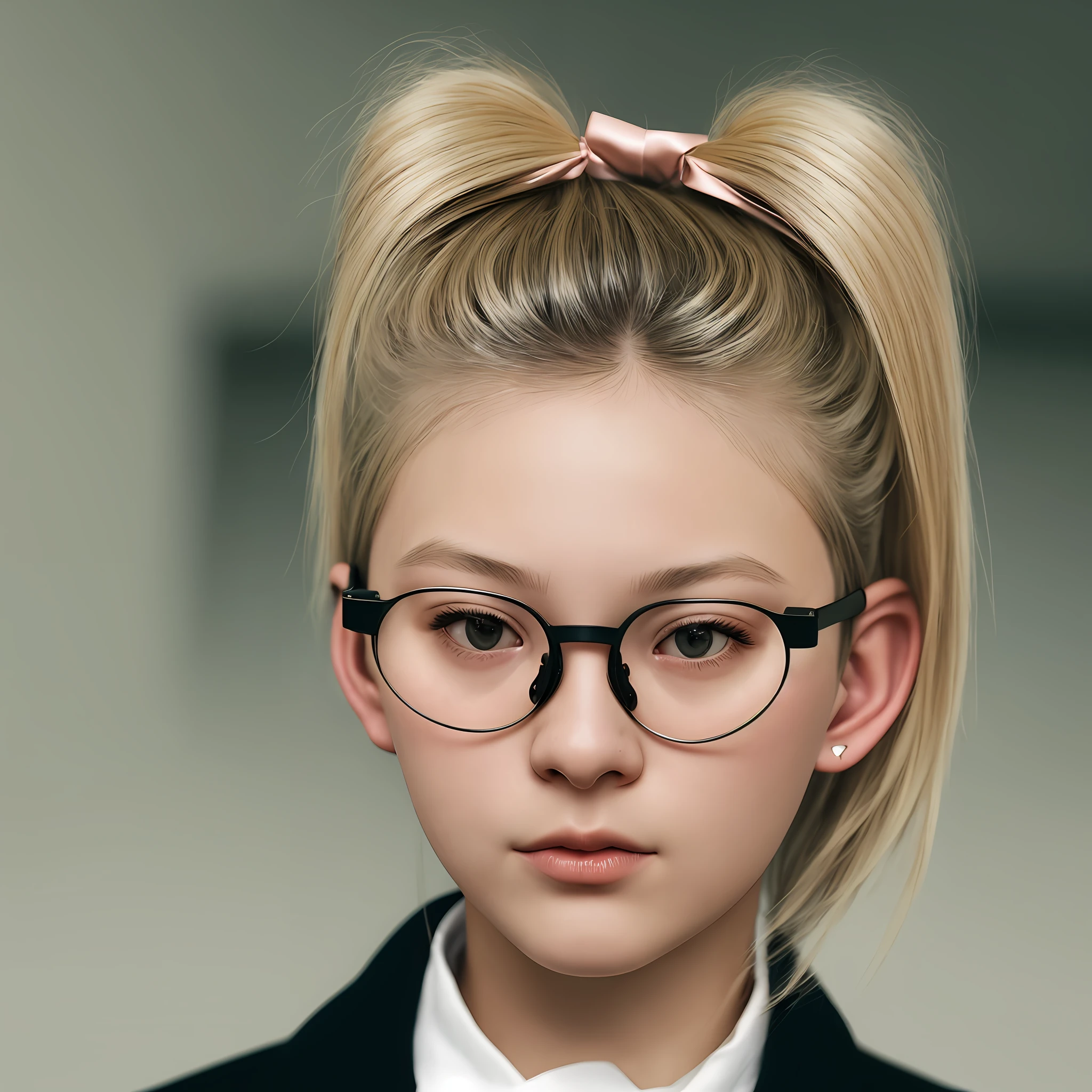 blonde hair, hair ribbon, covering ears, shy, ponytail, over-rim eyewear, Fujicolor, high detail, Conceptual art, Social realism, cinematic lighting, depth of field, viewfinder, from below, bokeh, image fill, UHD, masterpiece, high details, high quality, 8k