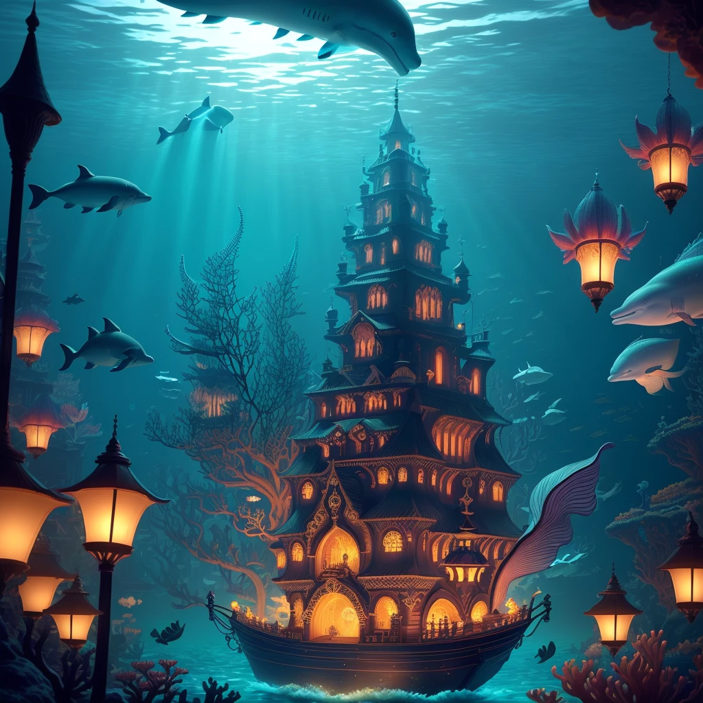 A living underwater city, illuminated by bioluminescent corals and aquatic plants, where fish of all kinds swim gracefully around. In the city center there is a huge, ornate shell throne adorned with pearls and shell jewellery, surrounded by colorful fish, carriages drawn by dolphins carrying dignitaries to the palace, giant sharks