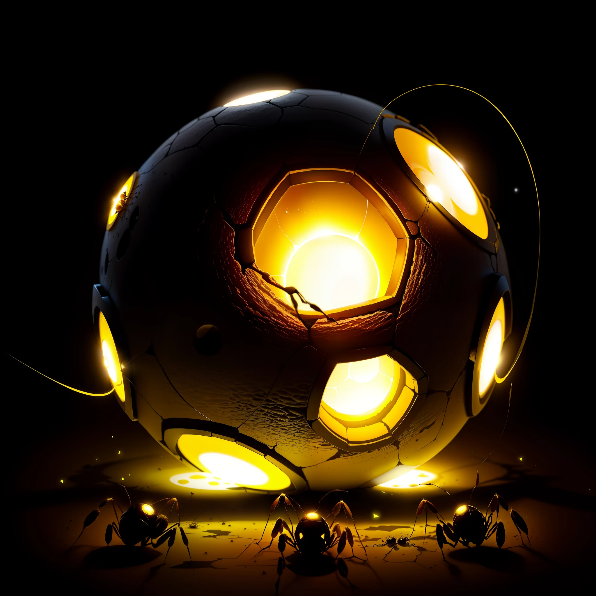 glowing orb with crack and ants crawling out