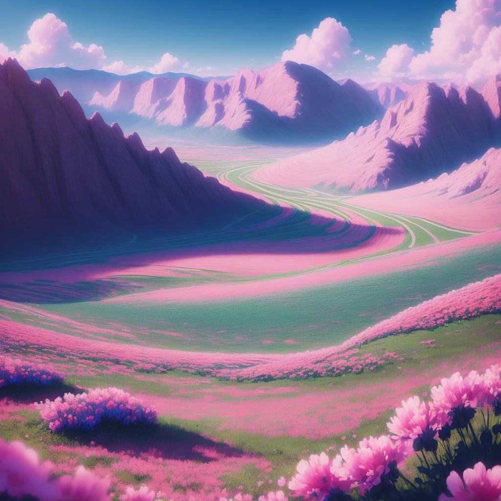 landscape 8k pink flowers valley blue sky