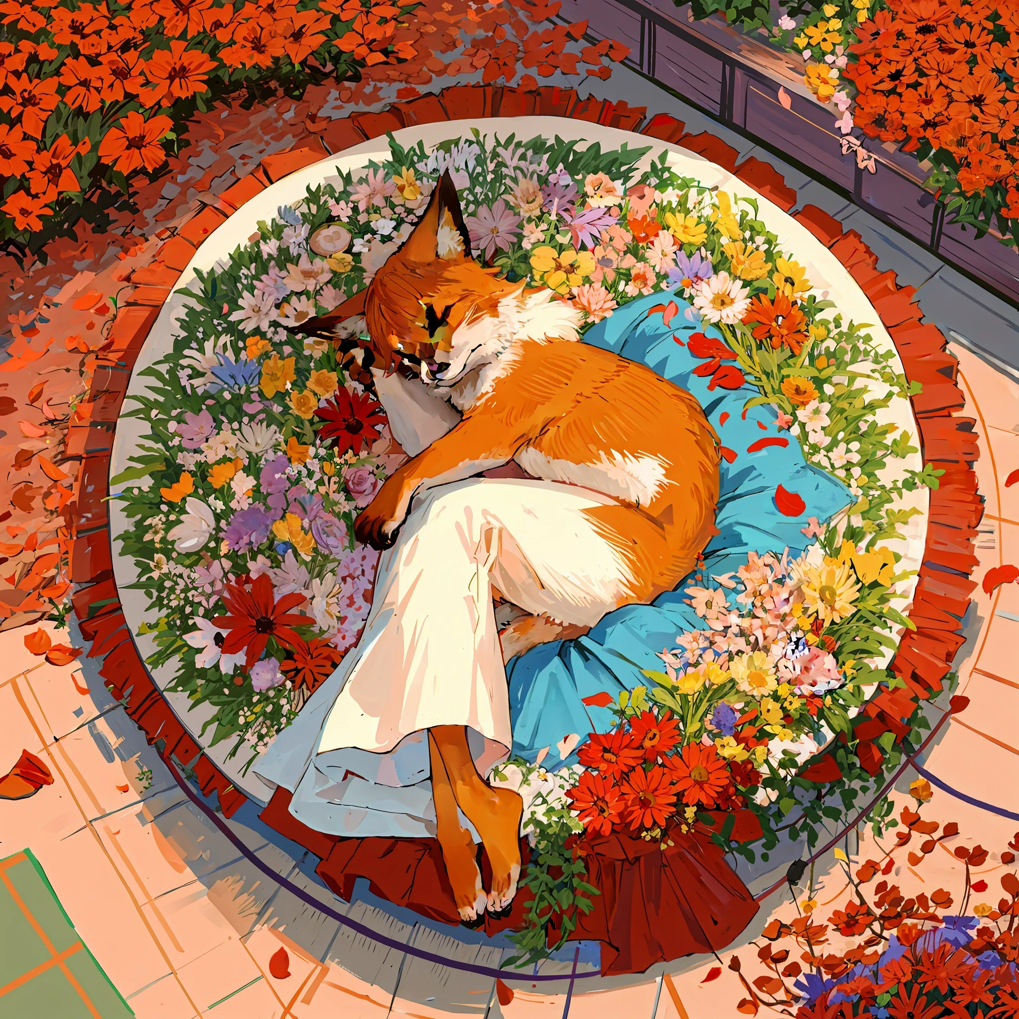 curled up fox on a circle bed of flowers