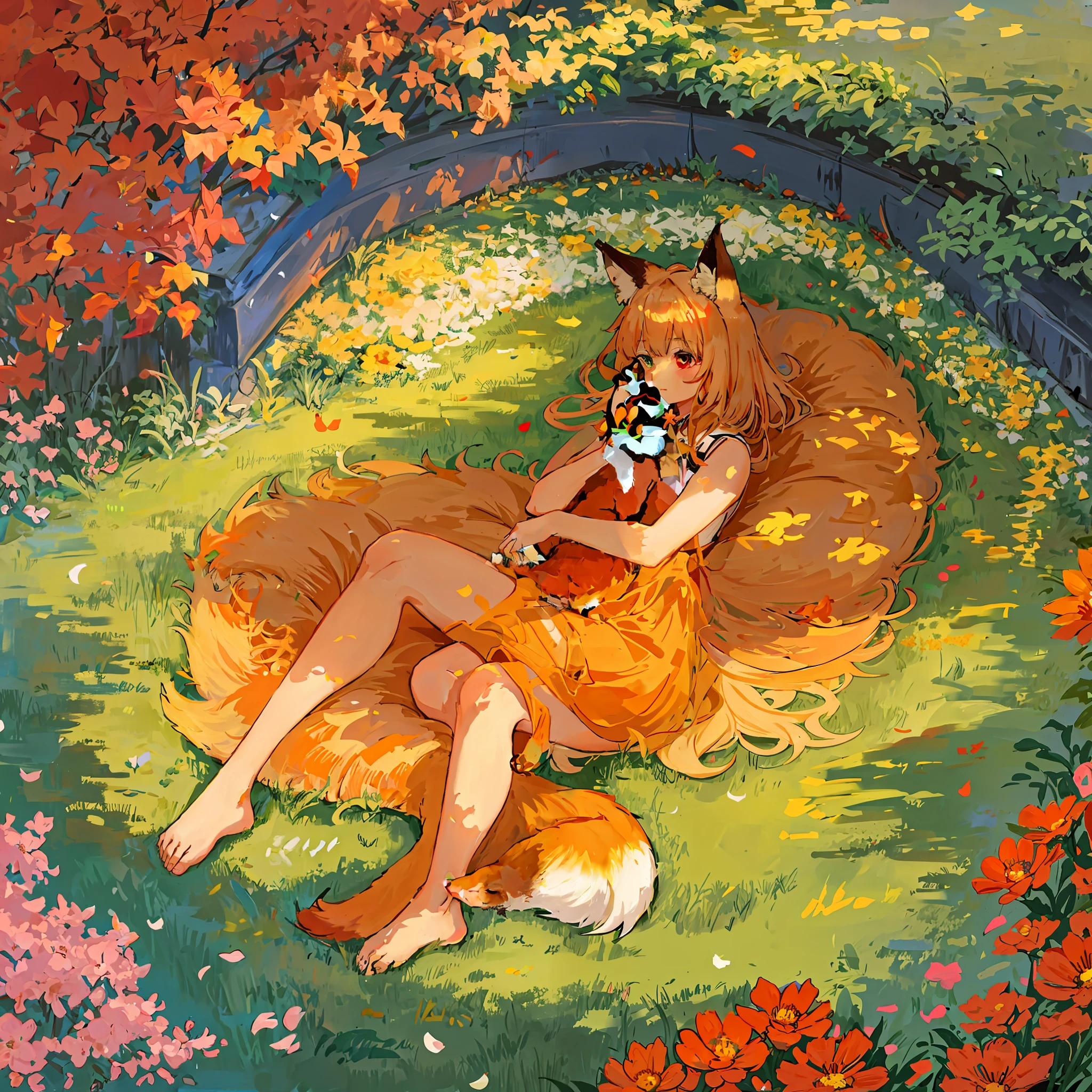 curled up fox on a circle bed of flowers