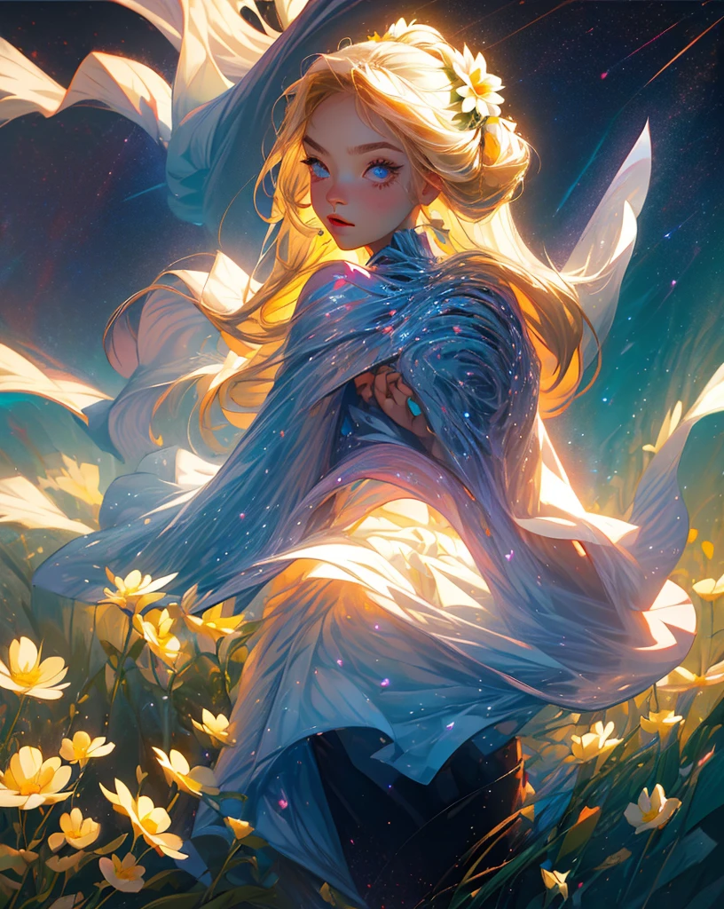 (best quality, masterpiece), 1girl, pose, particle, wind, flower, upper body, simple background, looking at viewer, blonde, galaxy,
