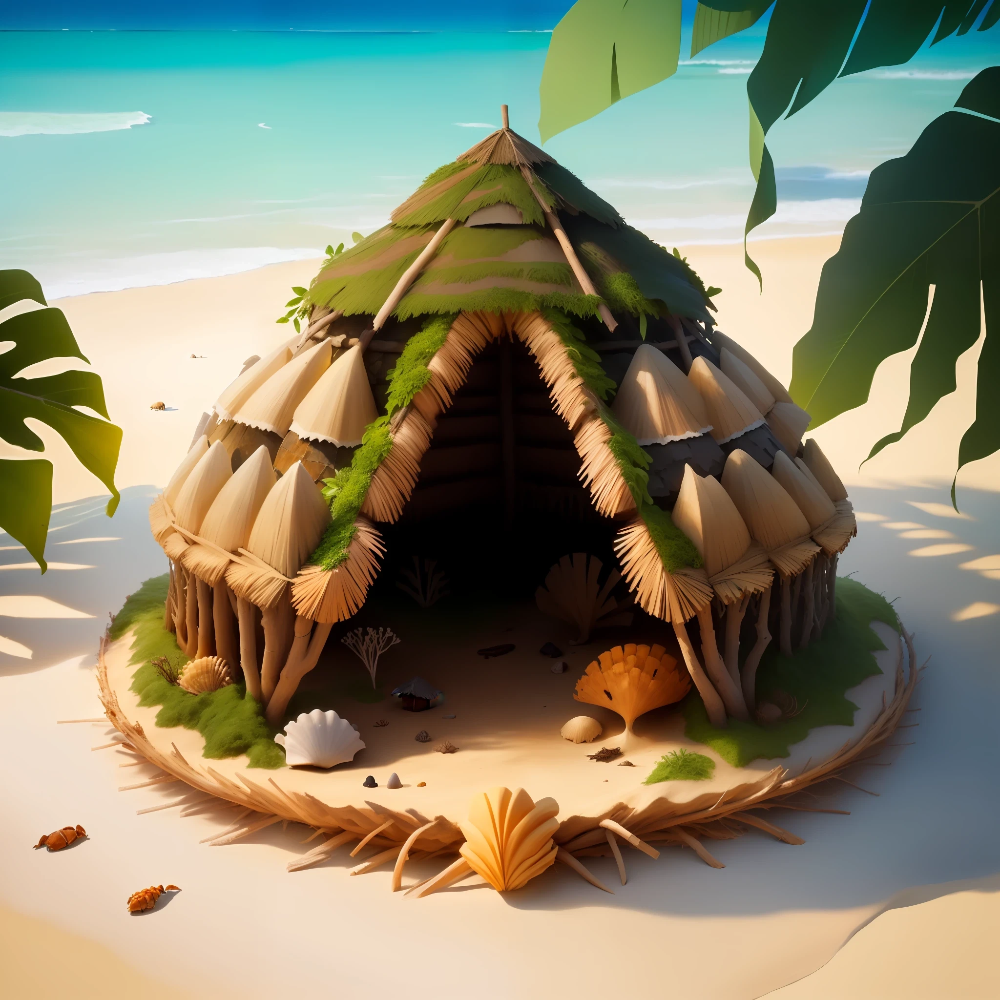 anthill hut on a beach,made from twigs, leaves, coconut, seashell, crab, fishbone