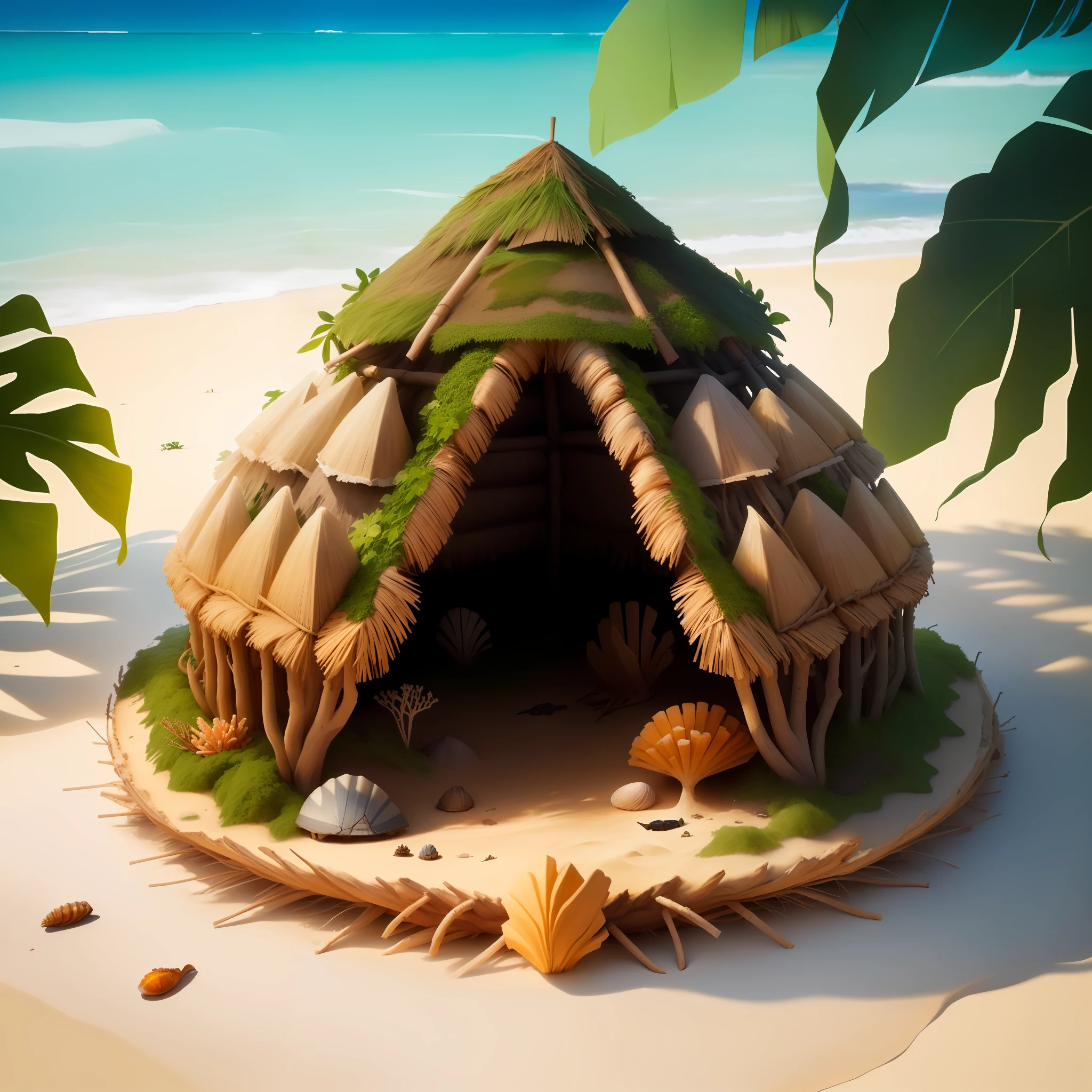 anthill hut on a beach,made from twigs, leaves, coconut, seashell, crab, fishbone
