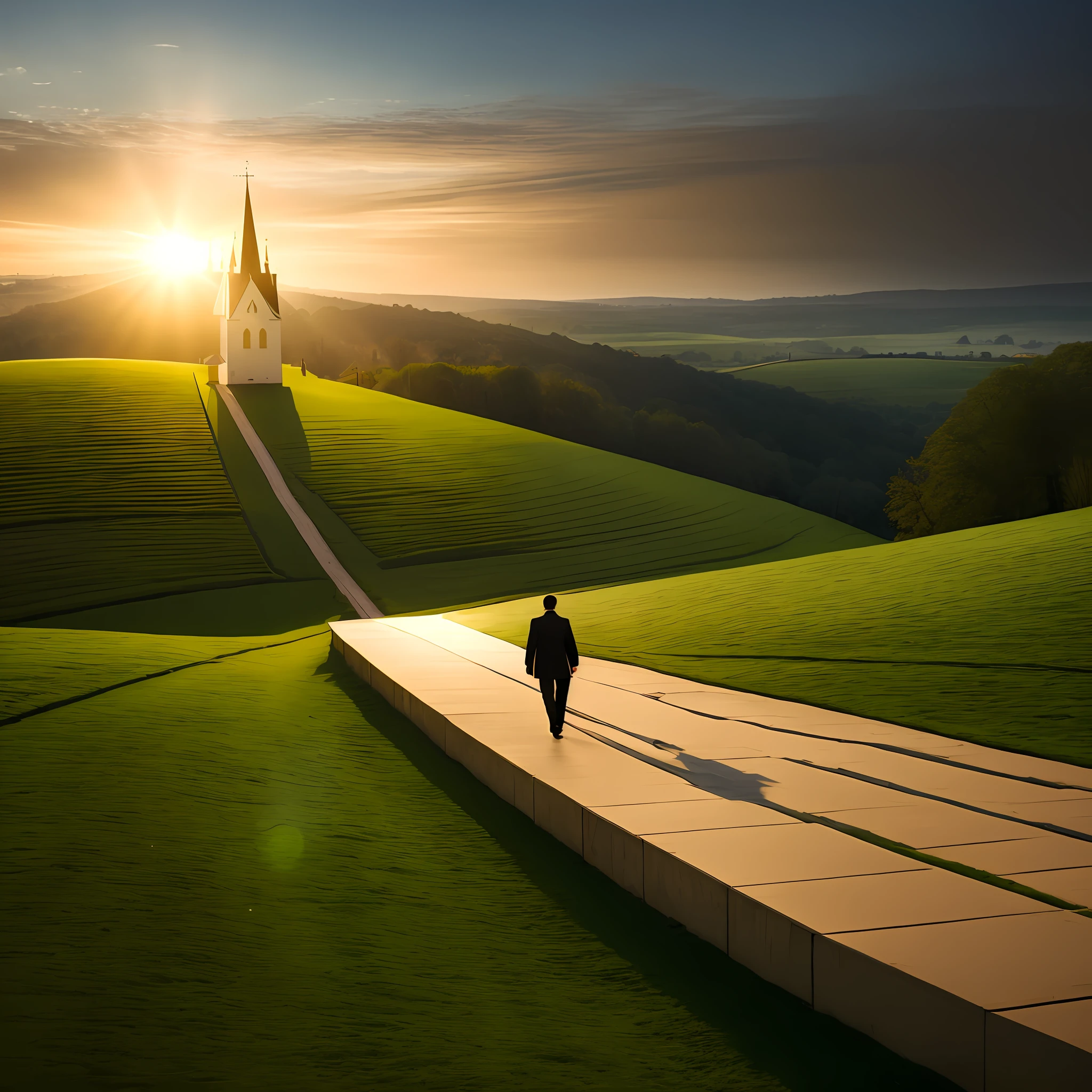 arafed view of a person walking down a path towards a church, by Wojciech Gerson, by Kurt Roesch, by Matthias Weischer, by Darek Zabrocki, bright light masterpiece, going forward to the sunset, by Franz Hegi, by Sebastian Spreng, inspired by Gediminas Pranckevicius
