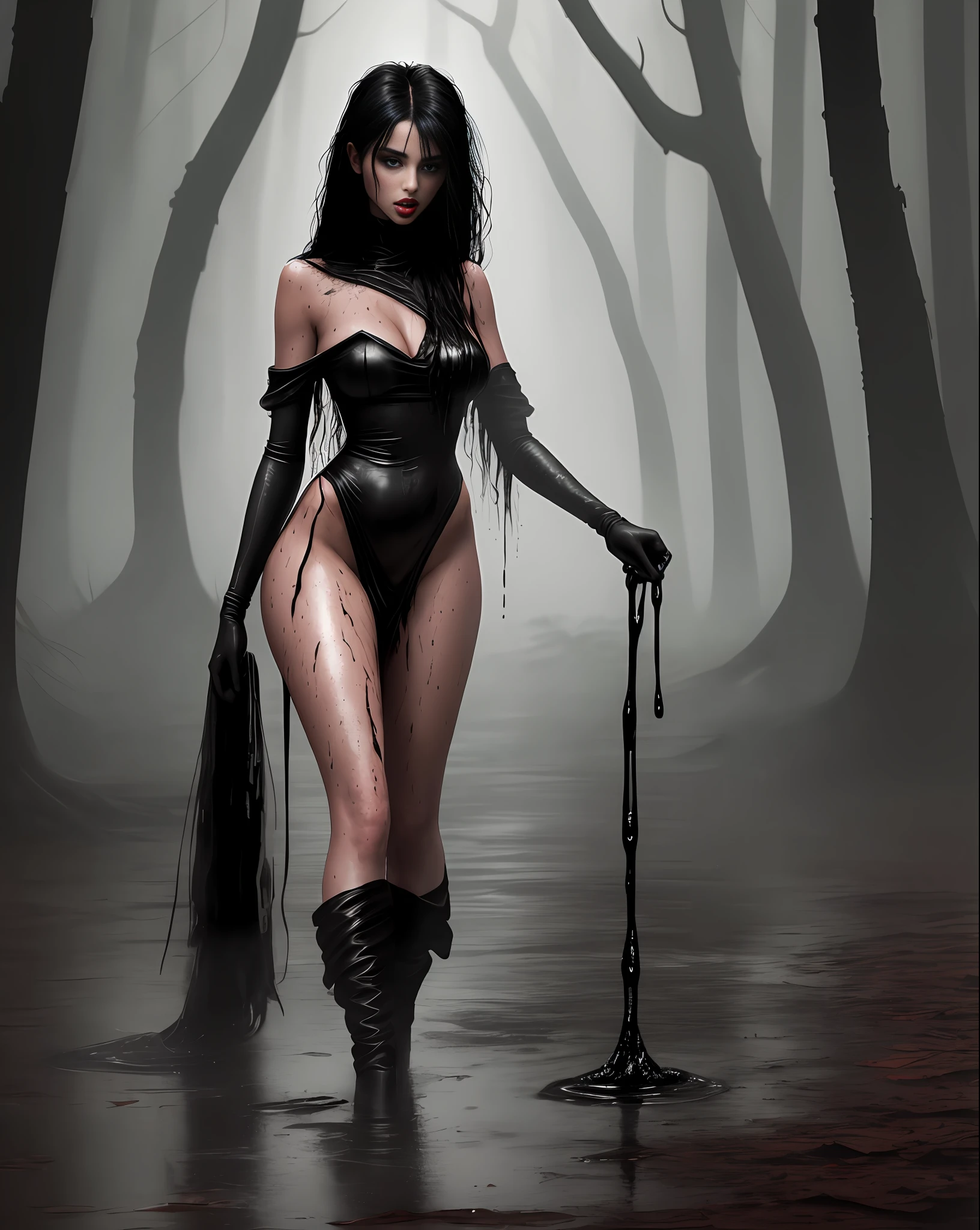 Taylor Hill with her  covered in a viscous black liquid running down her body, viscous black fabric, she has long black hair, her body and face is wet, thick legs, red mouth, bulky and pointed , dressed in viscous black fabric running across the floor, standing on the dirt floor in a dark and gloomy forest,  cloudy and rainy day, swamp, slimy black gloves, lots of fog in the background, photo with better quality, a masterpiece, sensuality and elegance, HD, photography taken by Sony R7 camera with 50mm Full frame lenses, f1.2 aperture, portrait style