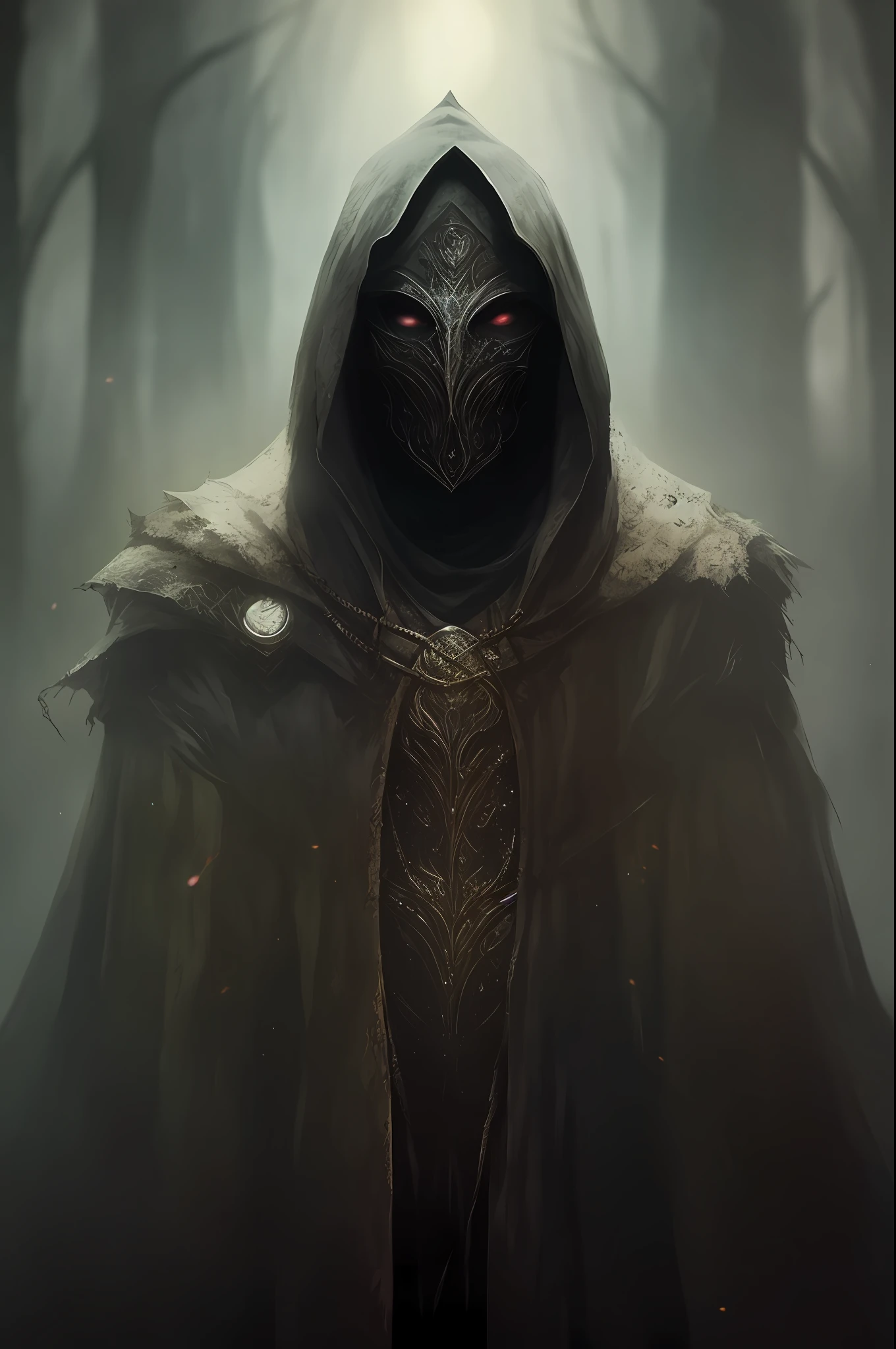 arafed hooded man in a dark forest with a glowing sword, dark hooded wraith, dark fantasy style art, dark fantasy character design, dark cloaked necromancer, dark robed, dark fantasy concept art, fantasy concept art portrait, cloaked, in style of dark fantasy art, detailed matte fantasy portrait, hooded cloaked sith lord