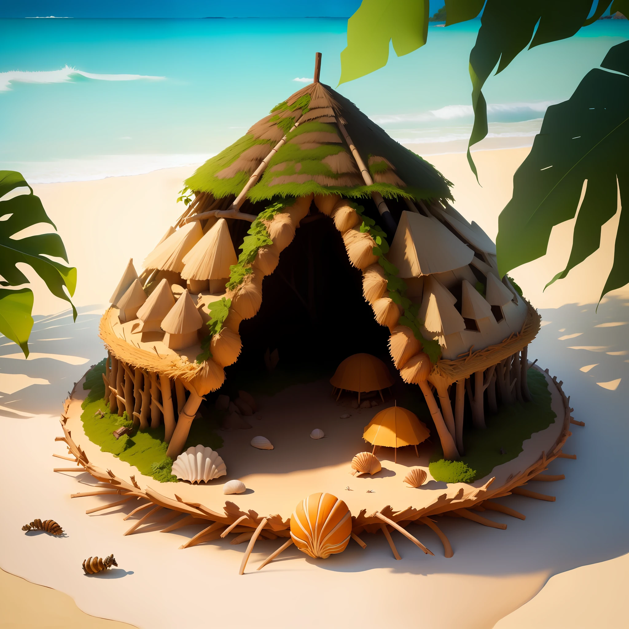 anthill hut on a beach,made from twigs, leaves, coconut, seashell, crab, fishbone