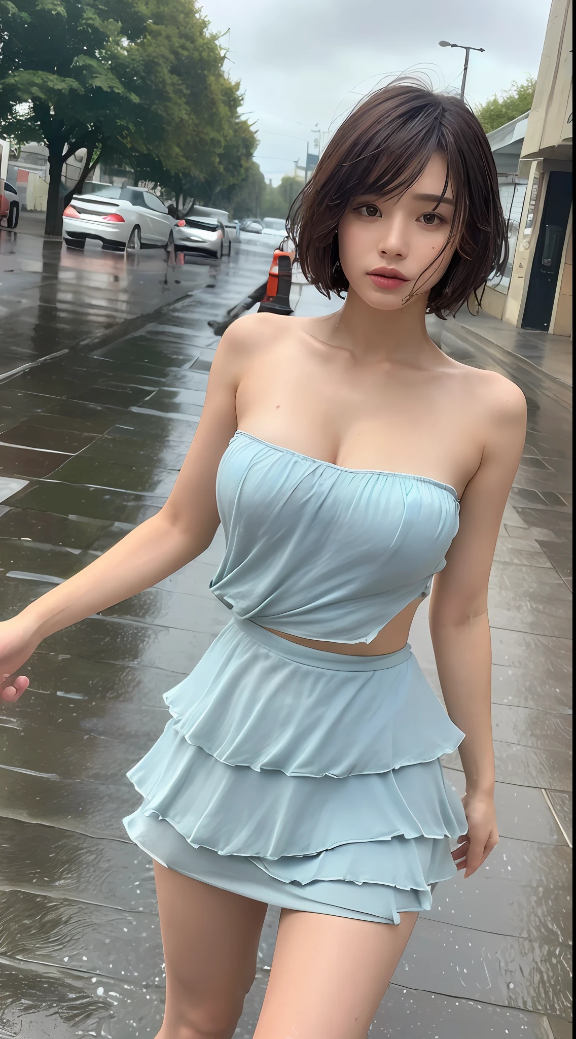 ((Best Quality, 8k, Masterpiece:1.3)), Focus:1.2, Perfect Body Beauty:1.4, Buttocks:1.2, ((Layered Haircut, Breasts:1.2)), (Wet Clothes:1.1) , (Rain, Street:1.3), Bandeau Dress: 1.1, Highly detailed face and skin texture, Detailed eyes, Double eyelids, Whitening skin, buttock skirt