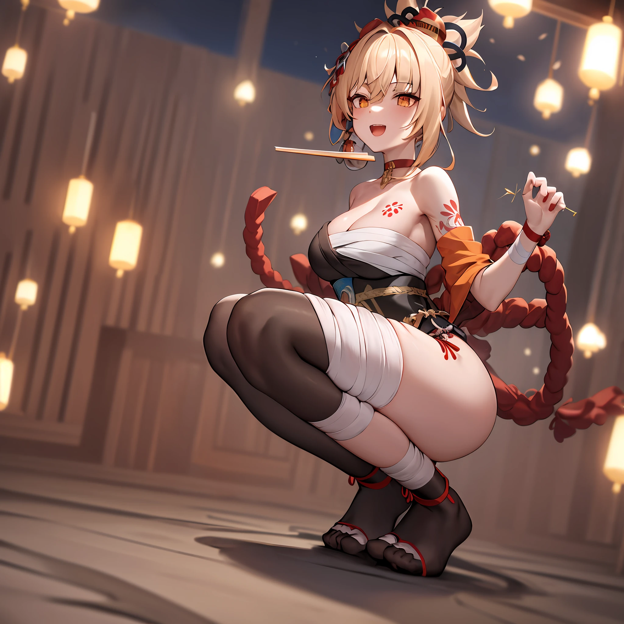 masterpiece, best quality, highres, 1girl, blonde hair, medium hair, asymmetrical hair, floating hair, hair between eyes, high ponytail, sidelocks, hair ornament, fish hair ornament, tassel, kanzashi, bangs, orange eyes, open mouth, smile, teeth, upper teeth only, choker, red choker, pendant choker, butterfly choker, collarbone, tattoo, chest tattoo, flower tattoo, cleavage, medium breasts, thighs, bandages, bandaged leg, sarashi, budget sarashi, chest sarashi, black sash, hadanugi dousa, houkisei, japanese clothes, kimono, kinchaku, obi, obiage, obijime, orange kimono, pouch, print kimono, rope, sash, shimenawa, short kimono, single bare shoulder, vision (genshin impact), east asian architecture, cherry blossoms, full body, squatting, sparkler, night, firework, holding firework, legs together, feet, single glove, single fingerless glove, wristband, black socks,