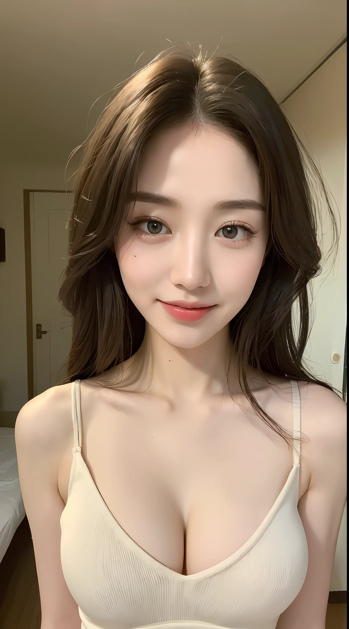 ((Best quality, 8k, Masterpiece :1.3)), 1girl, beautiful woman with emphasis on slender abs: 1.3, (long hair, big breasts: 1.2), oversized tank top: 1.2, super delicate face, delicate eyes, double eyelids, smile, home, random color clothes