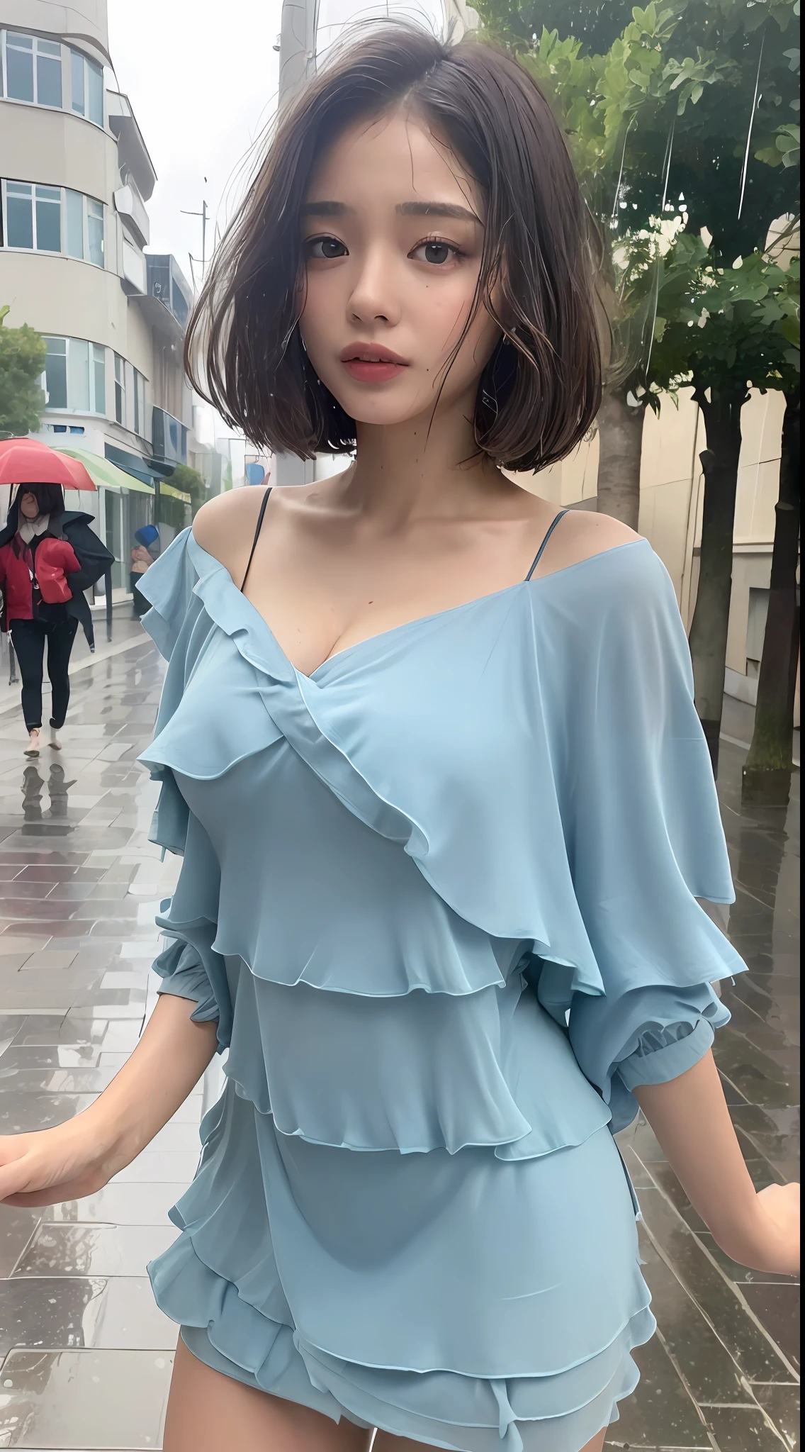 ((Best Quality, 8k, Masterpiece:1.3)), Focus:1.2, Perfect Body Beauty:1.4, Buttocks:1.2, ((Layered Haircut, Breasts:1.2)), (Wet Clothes:1.1) , (Rain, Street:1.3), Bandeau Dress: 1.1, Highly detailed face and skin texture, Fine eyes, Double eyelids, whitening skin,
