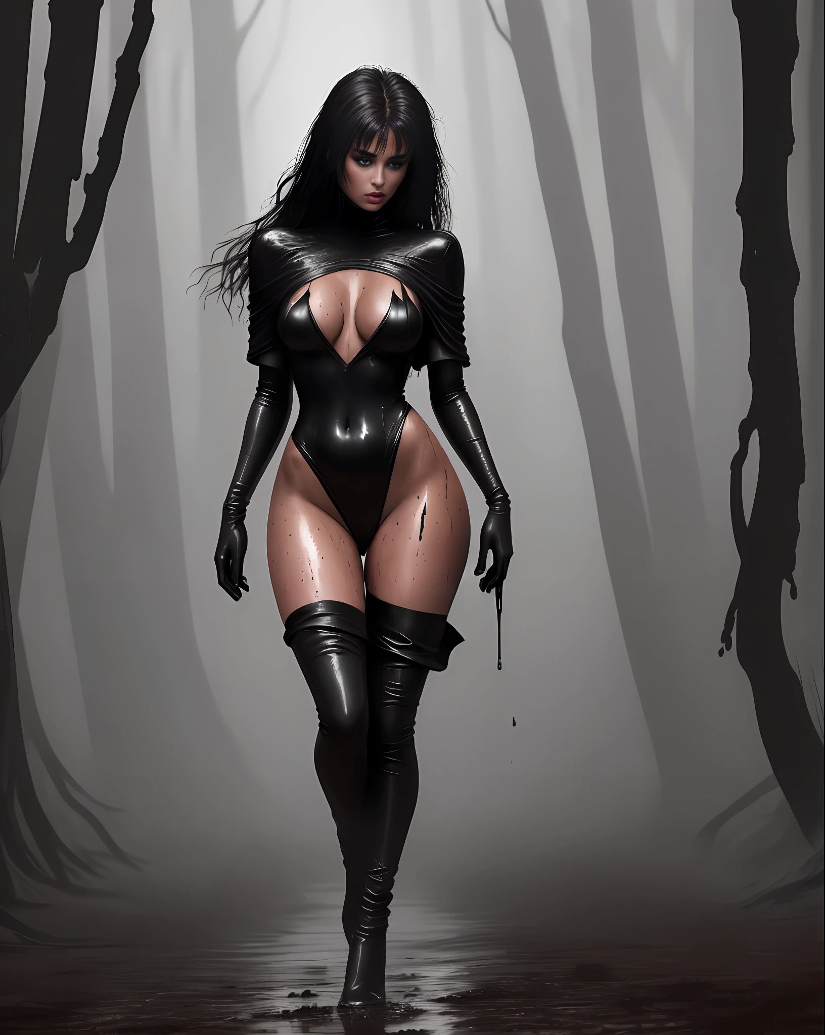 Taylor Hill with her breasts covered in a viscous black liquid running down her body, viscous black fabric, her body and face is wet, legs thick, mouth red, medium breasts bulky and pointy, dressed in viscous black fabric running down the floor, standing on the dirt floor in a dark and gloomy forest, cloudy and rainy day, swamp, slimy black gloves, lots of fog in the background, photo with better quality, a masterpiece, sensuality and elegance, HD, photography taken by Sony R7 camera with 50mm Full frame lenses, f1.2 aperture, portrait style
