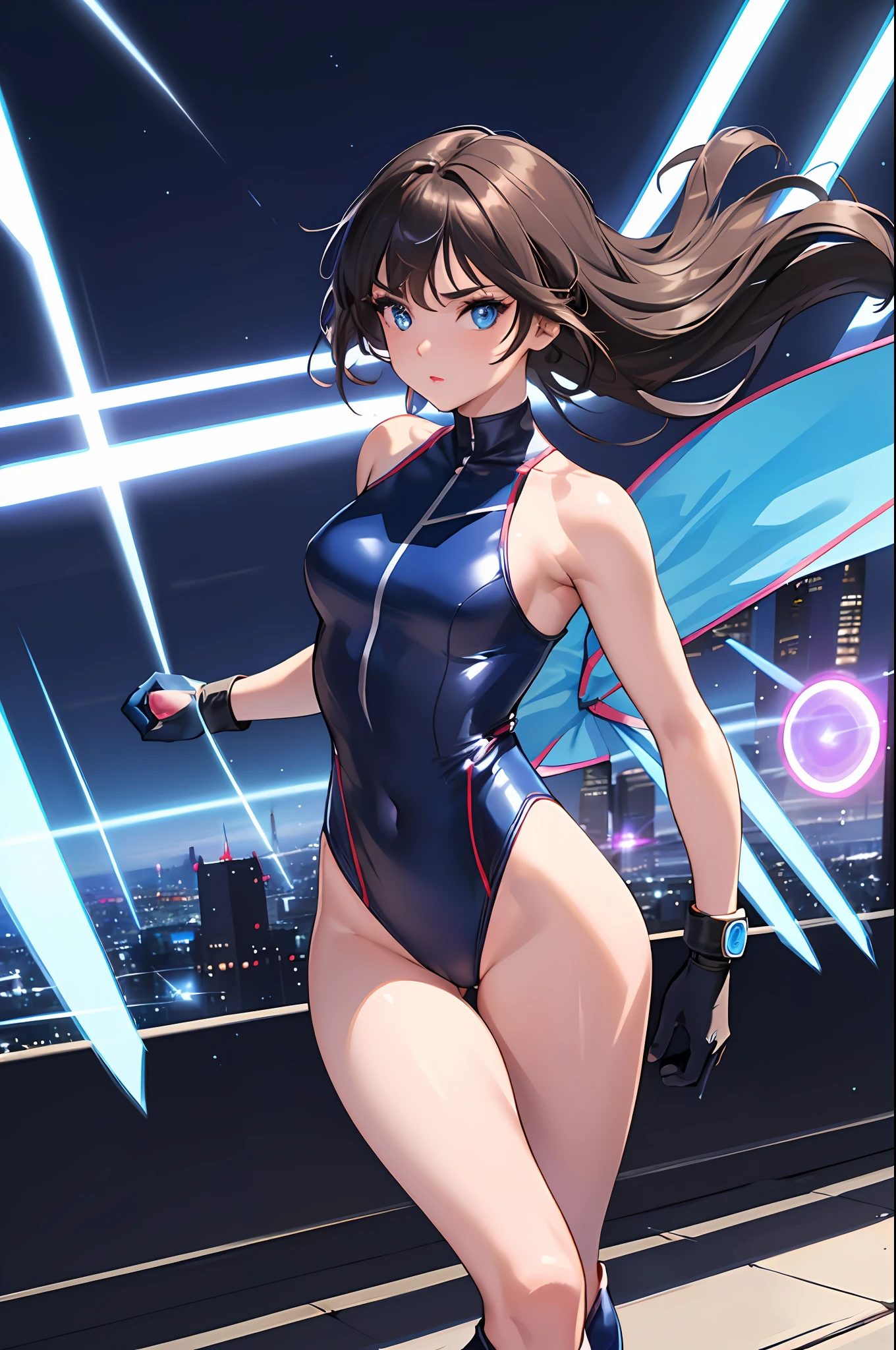 masterpiece, best quality, highres, 1girl, solo, superhero, leotard, bare legs, boots, matching boots, aura, blue aura, sleeveless, gloves, bracelets, matching gloves, looking at viewer, light particles, city backdrop, perfect hands, perfect eyes, powering up, perfect leotard, perfect legs, perfect arms, perfect fingers,