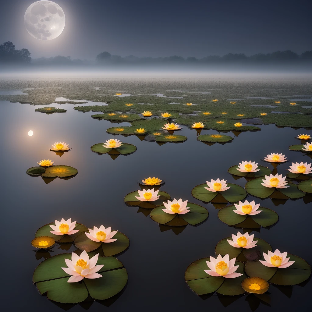 Field of Lotus flowers, with lights floating on water, foggy, classic view , moonlight