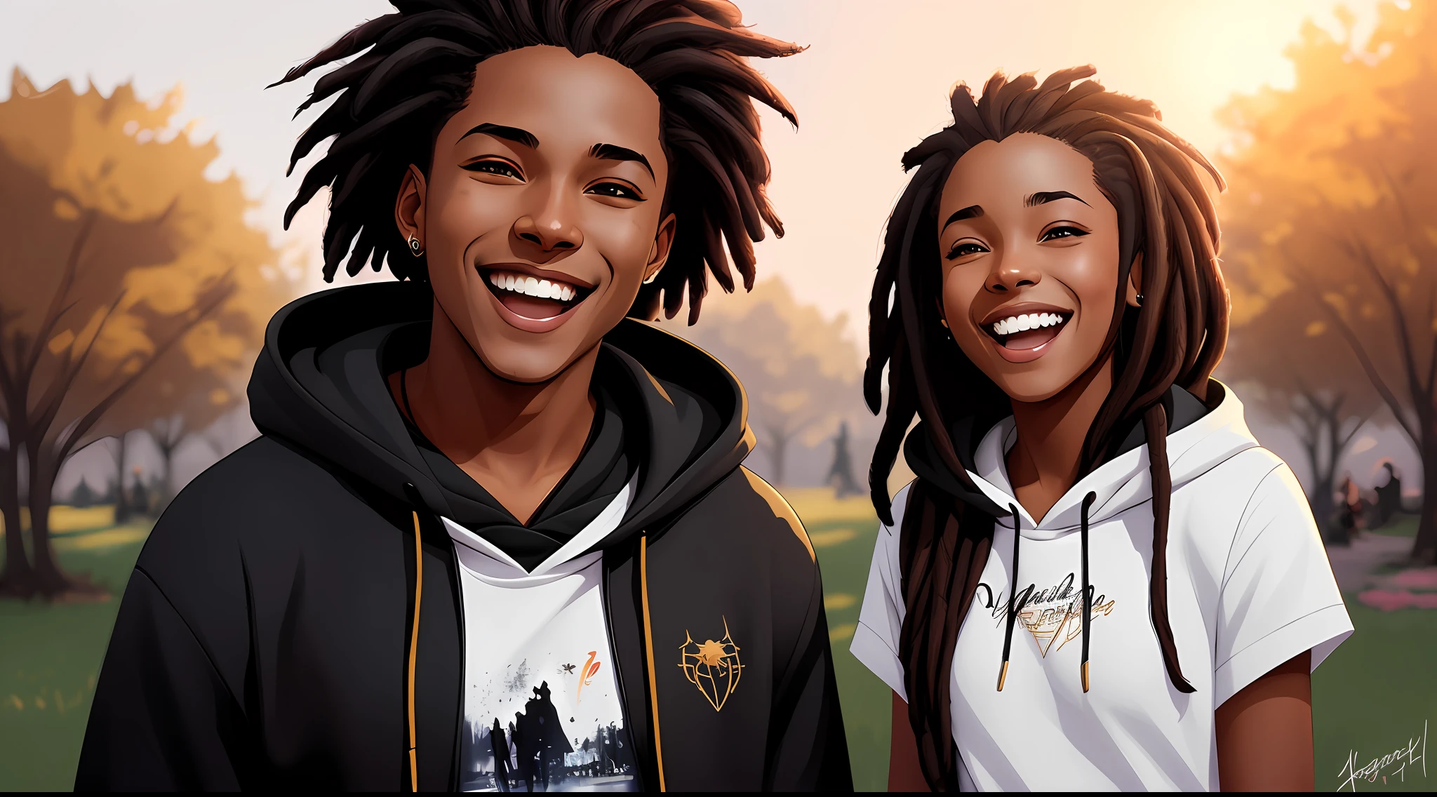 HANDSOME AFRICAN AMERICAN () DREADLOCS (hoodie) (laughing) (vampire fangs) at the (jamboree) IN THE PARK setting, with a soft and diffused lighting, digital painting, artstation trending, in style of Loish, in style of Bobby Chiu, in style of Pascal Campion, in style of Yoh Nagao, in style of Sakimichan, in style of Artgerm, in style of Greg Rutkowski.