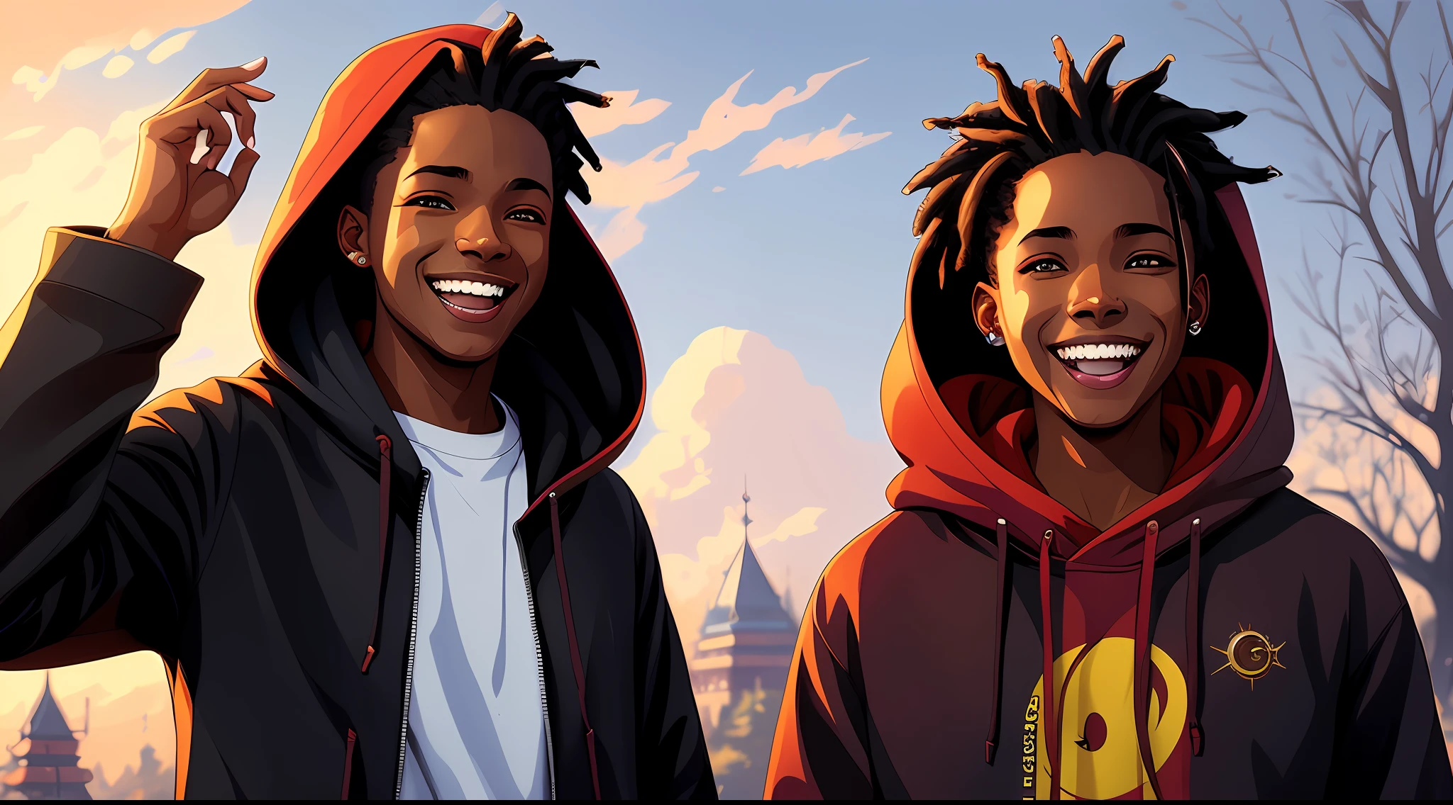 HANDSOME AFRICAN AMERICAN (TEEN) DREADLOCS (hoodie) (laughing) (vampire fangs) at the (jamboree) IN THE PARK setting, with a soft and diffused lighting, digital painting, artstation trending, in style of Loish, in style of Bobby Chiu, in style of Pascal Campion, in style of Yoh Nagao, in style of Sakimichan, in style of Artgerm, in style of Greg Rutkowski.