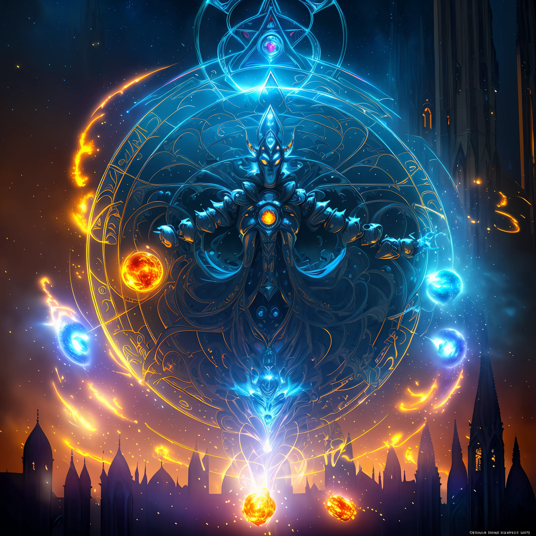 (android mechanical lich hovering above a gothic cathedral)=2.0, robot wings:Unholy Bioluminescent Flame,earnst haeckel, james jean. generative art, baroque, intricate patterns, fractalism, movie still, photorealistic, intricate, elegant, highly detailed, artstation, smooth, sharp focus, illustration, outrun, vaporware,epic wide angle shot, (monsters trapped in orbs of pure unholy celestial aura), angle from side, (Golden Death Mask) = 1.8, cinematic lighting, (unholy fire raining in the background lighting the scene) = 1.0, Yawning:Blank Stare, (looking at viewer), {Masterpiece}, ((Massive Unholy blue flame meteors falling in background))=1.7