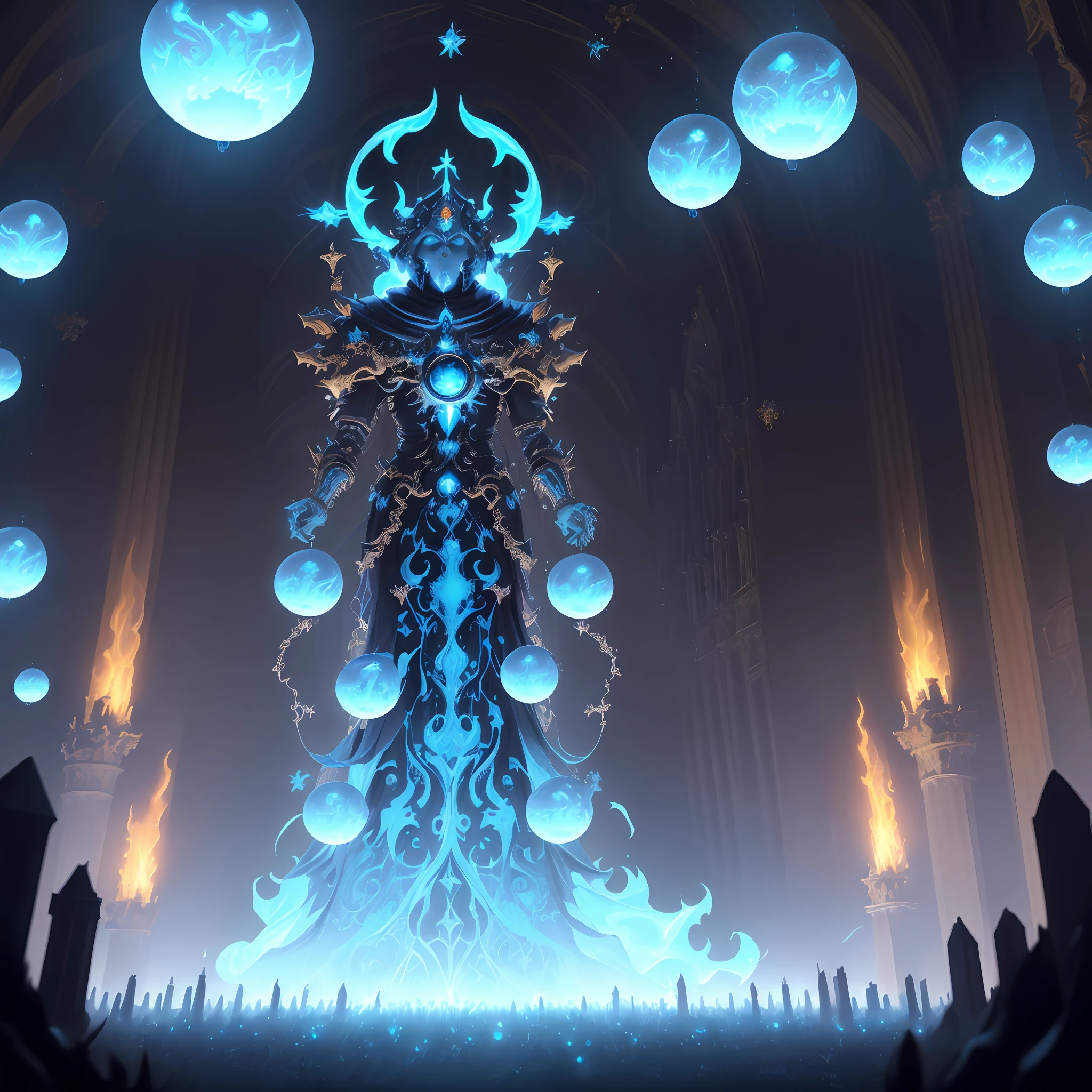 (android mechanical lich hovering above a gothic cathedral)=2.0, robot wings:Unholy Bioluminescent Flame,earnst haeckel, james jean. generative art, baroque, intricate patterns, fractalism, movie still, photorealistic, intricate, elegant, highly detailed, artstation, smooth, sharp focus, illustration, outrun, vaporware,epic wide angle shot, (monsters trapped in orbs of pure unholy celestial aura), angle from side, (Golden Death Mask) = 1.8, cinematic lighting, (unholy fire raining in the background lighting the scene) = 1.0, Yawning:Blank Stare, (looking at viewer), {Masterpiece}, ((Massive Unholy blue flame meteors falling in background))=1.7