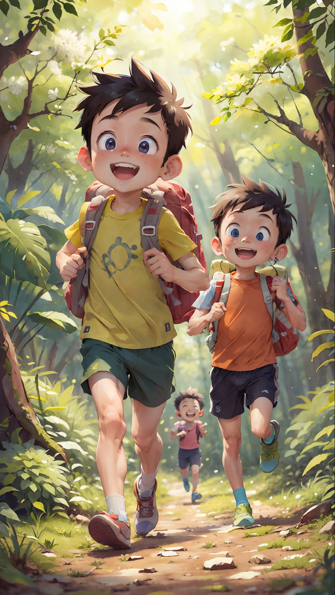(SFW), two running boys, spring outing, happy, backpack on back, forest in the background, perfect quality, clear focus, colorful, perfect face, intricate details, ultra-low viewing angle, wide angle lens