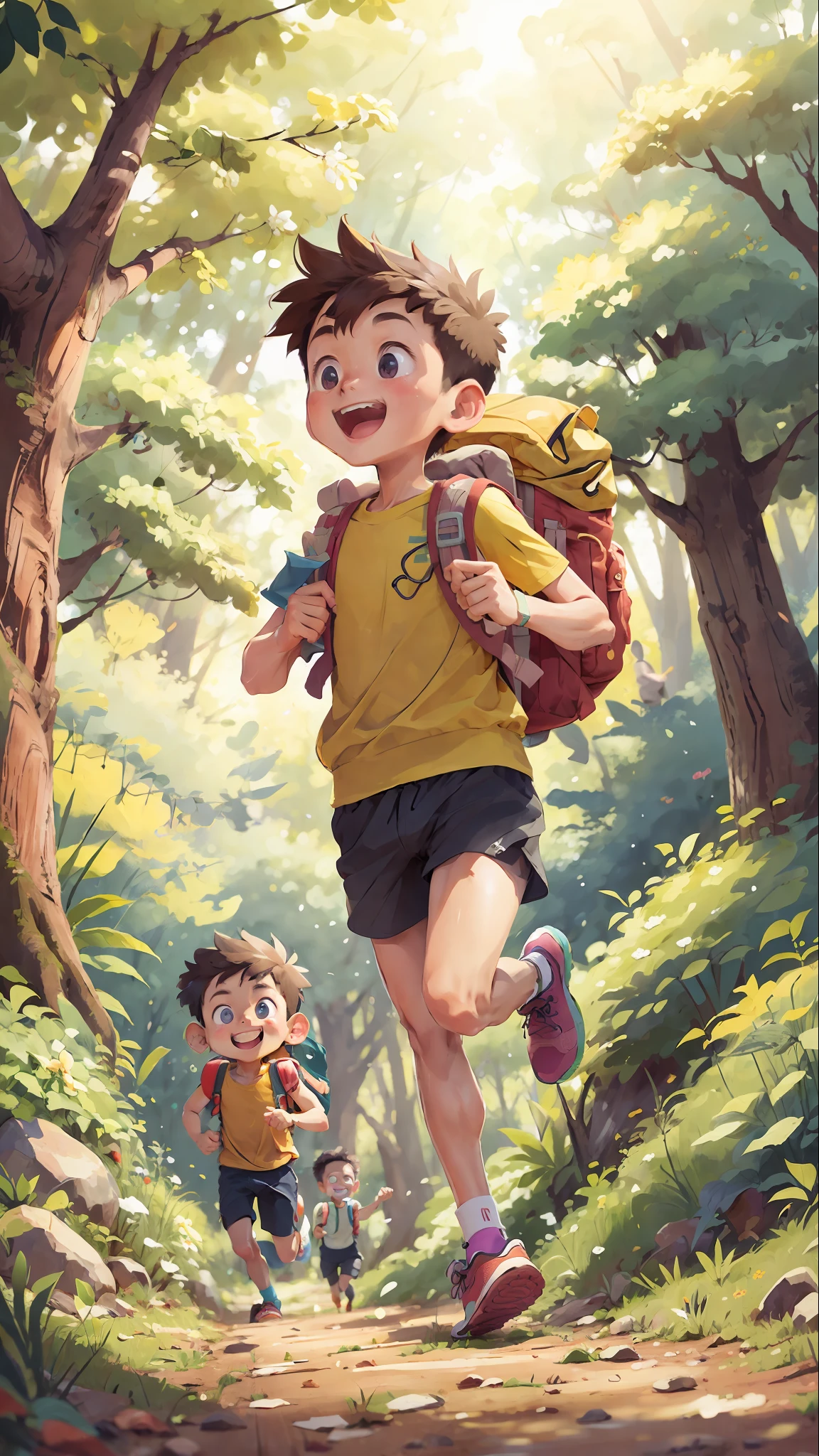 Poster design, (SFW), two running boys, spring outing, happy, backpack on back, forest in the background, perfect quality, clear focus, colorful, perfect face, intricate details, ultra-low viewing angle, wide angle lens