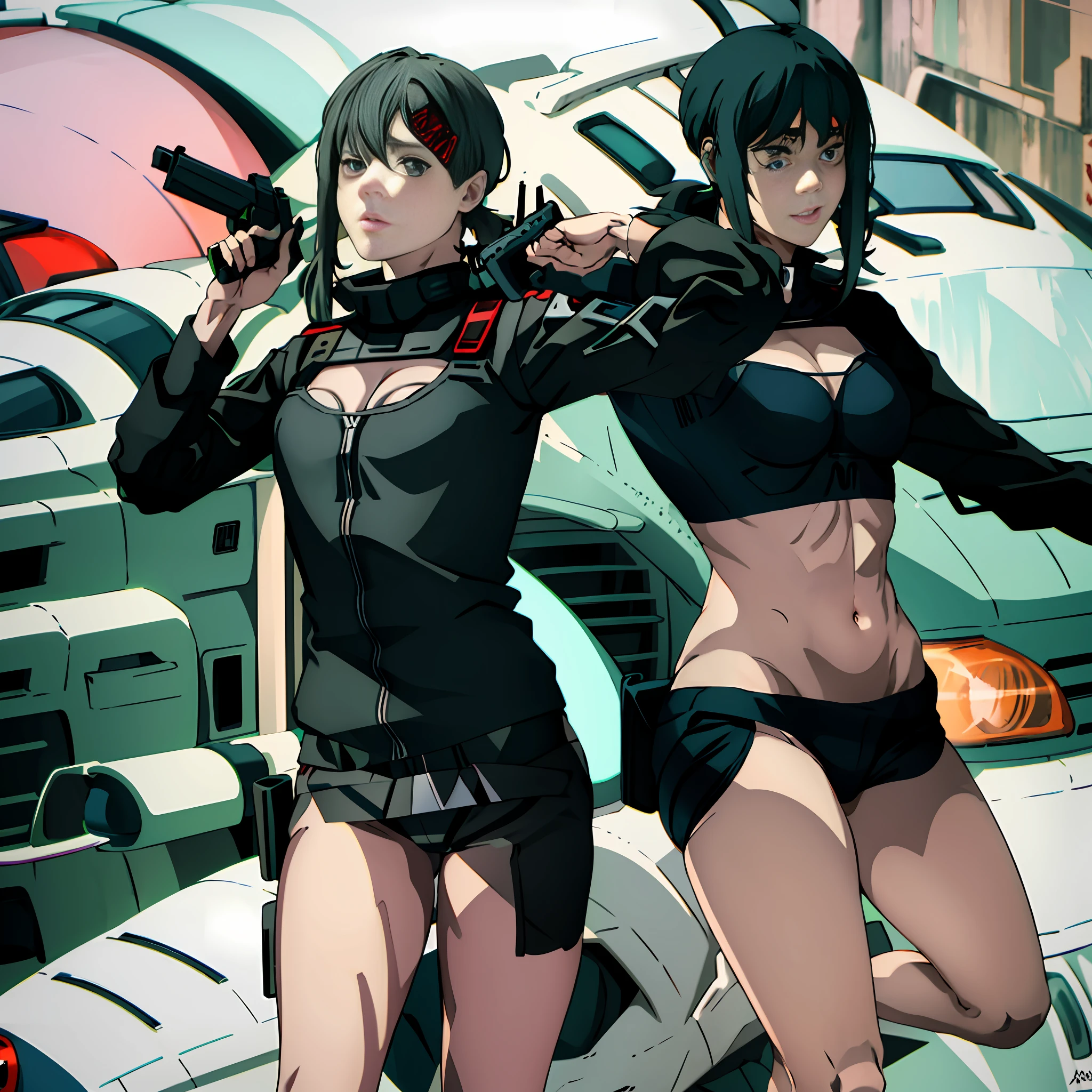 there is a woman in bikini holding a gun, vector shaded anime, shooting pose, realistic bikini, female anime character, female action anime girl, by Kamisaka Sekka, anime art, various poses, M4 Sopmod II Girls Frontline, with gun, bikini + tattered military equipment, masterpiece, super detailed face, cute eyes