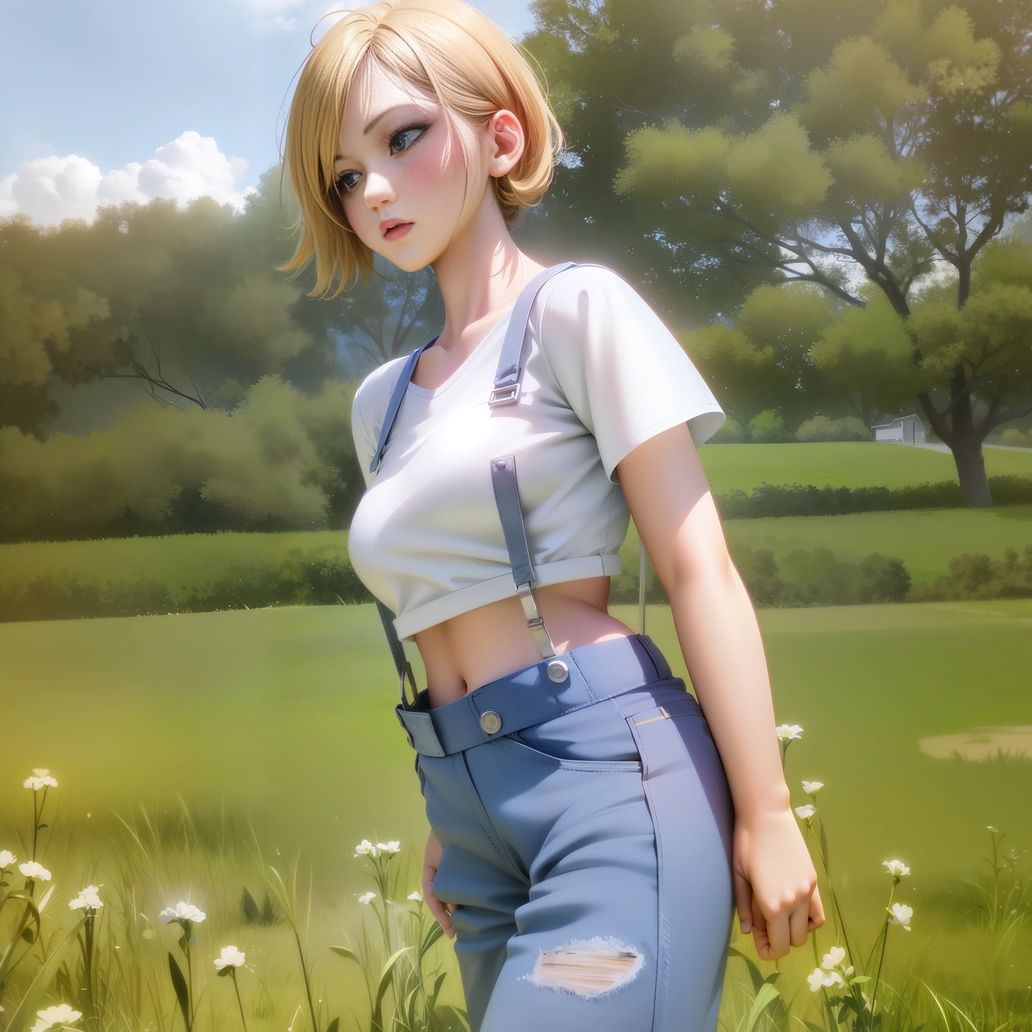 there is a woman in a white shirt and blue overalls standing in a field, realistic anime 3 d style, realistic artstyle, anime style. 8k, anime realism style, render of april, casual pose, realism artstyle, [ 4 k photorealism ]!!, artwork in the style of guweiz, photorealistic anime girl render, photorealistic artstyle