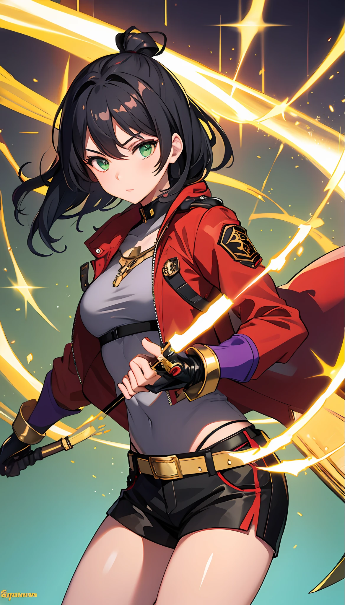 Girl black hair with gold tips, short red jacket, purple shorts, golden gauntlets and green eyes